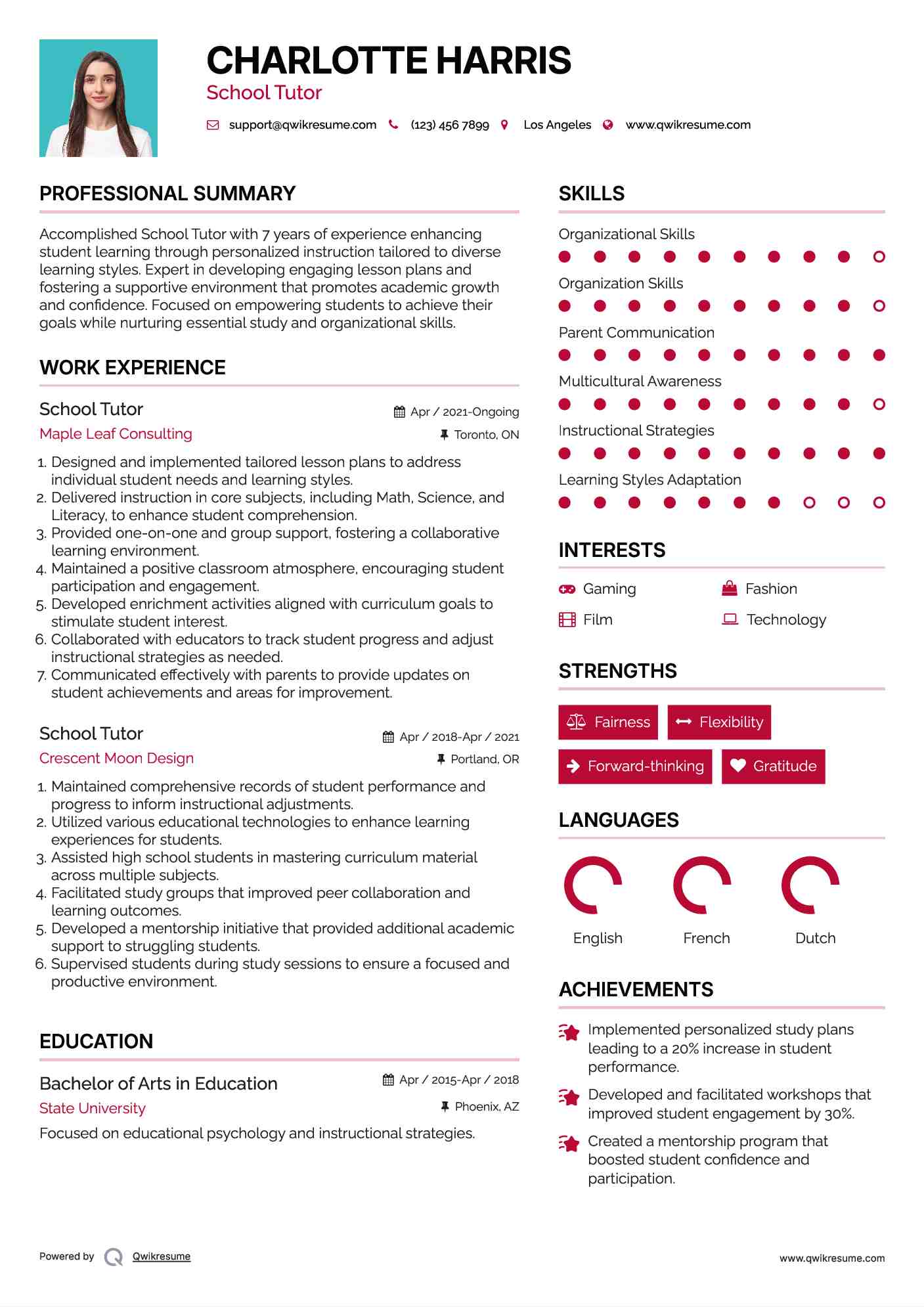 School Tutor Resume Format