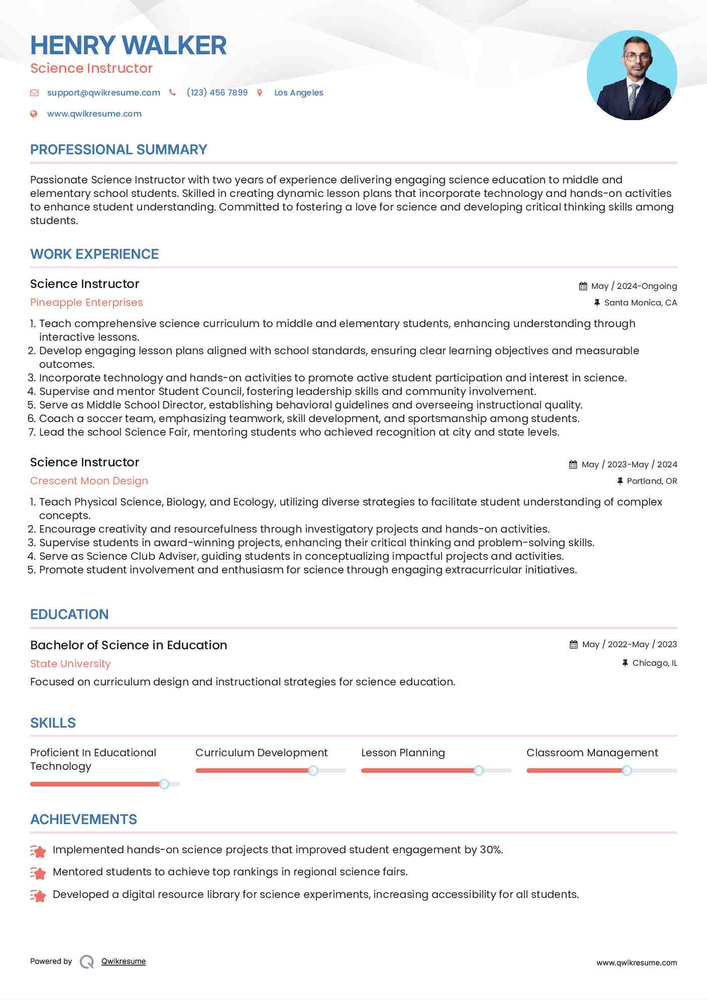 Science Instructor Resume Format