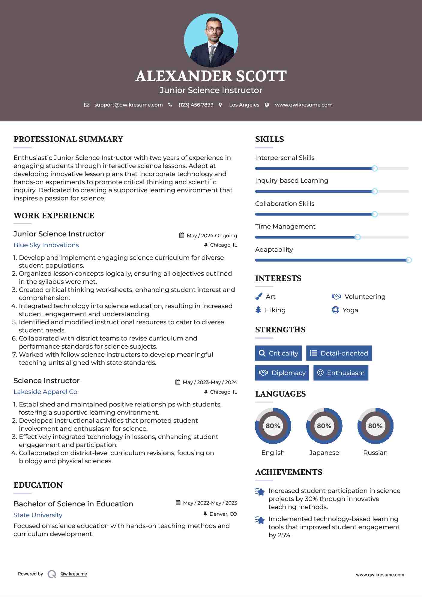 Junior Science Instructor Resume Example