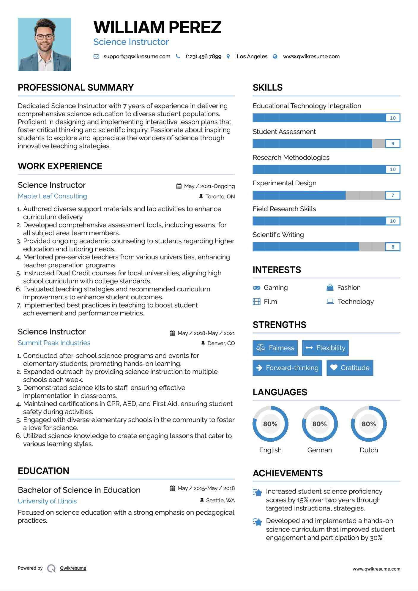 Science Instructor Resume Example