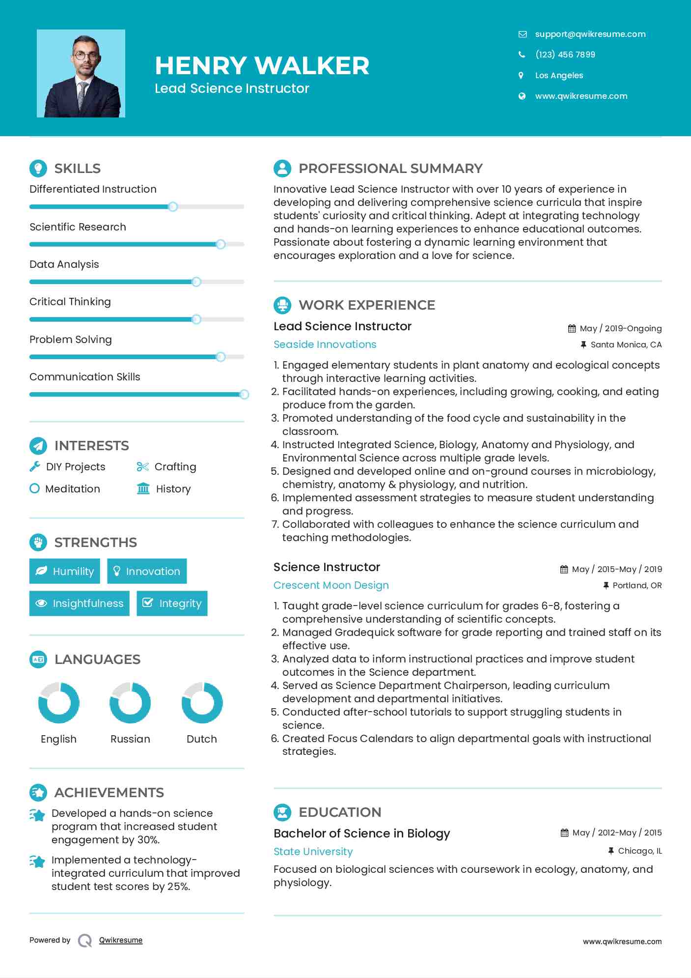 Lead Science Instructor Resume Example