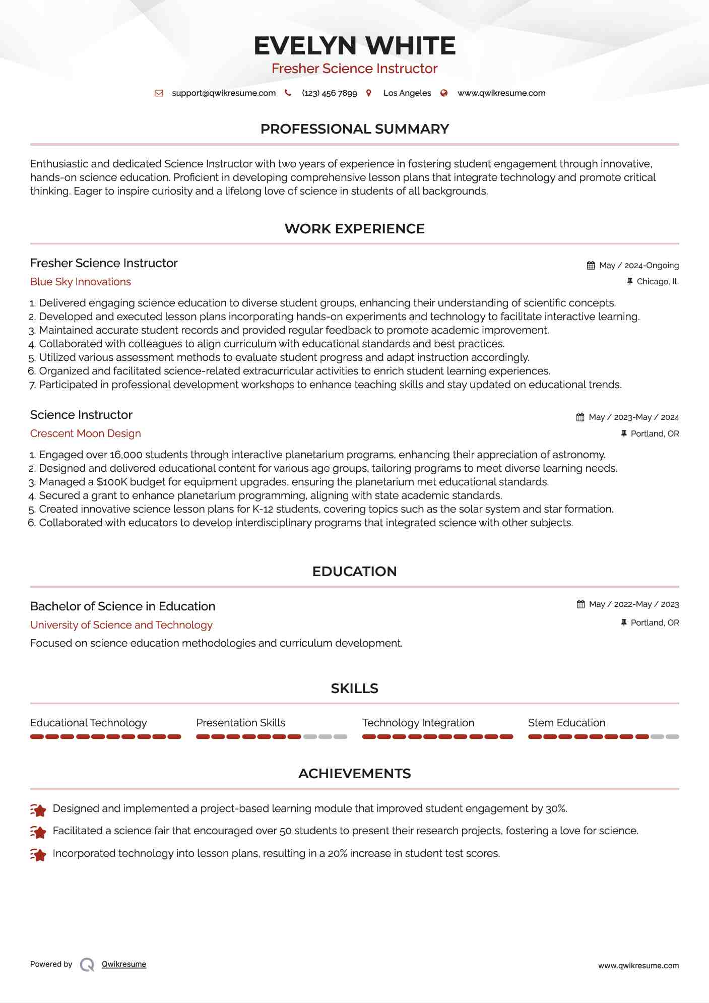 Fresher Science Instructor Resume Format