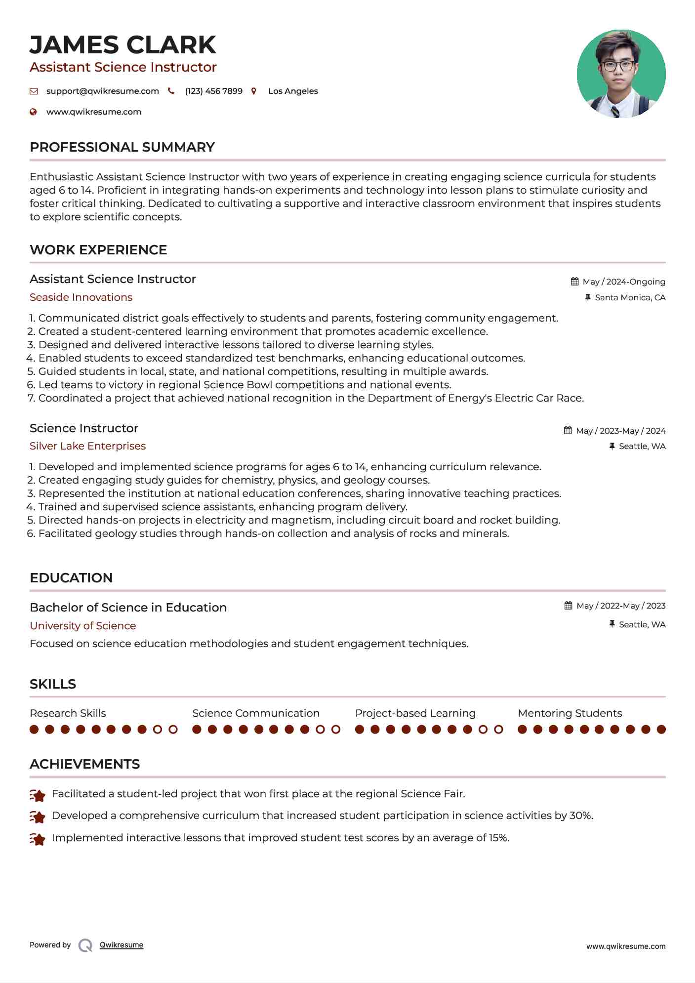 Assistant Science Instructor  Resume Template