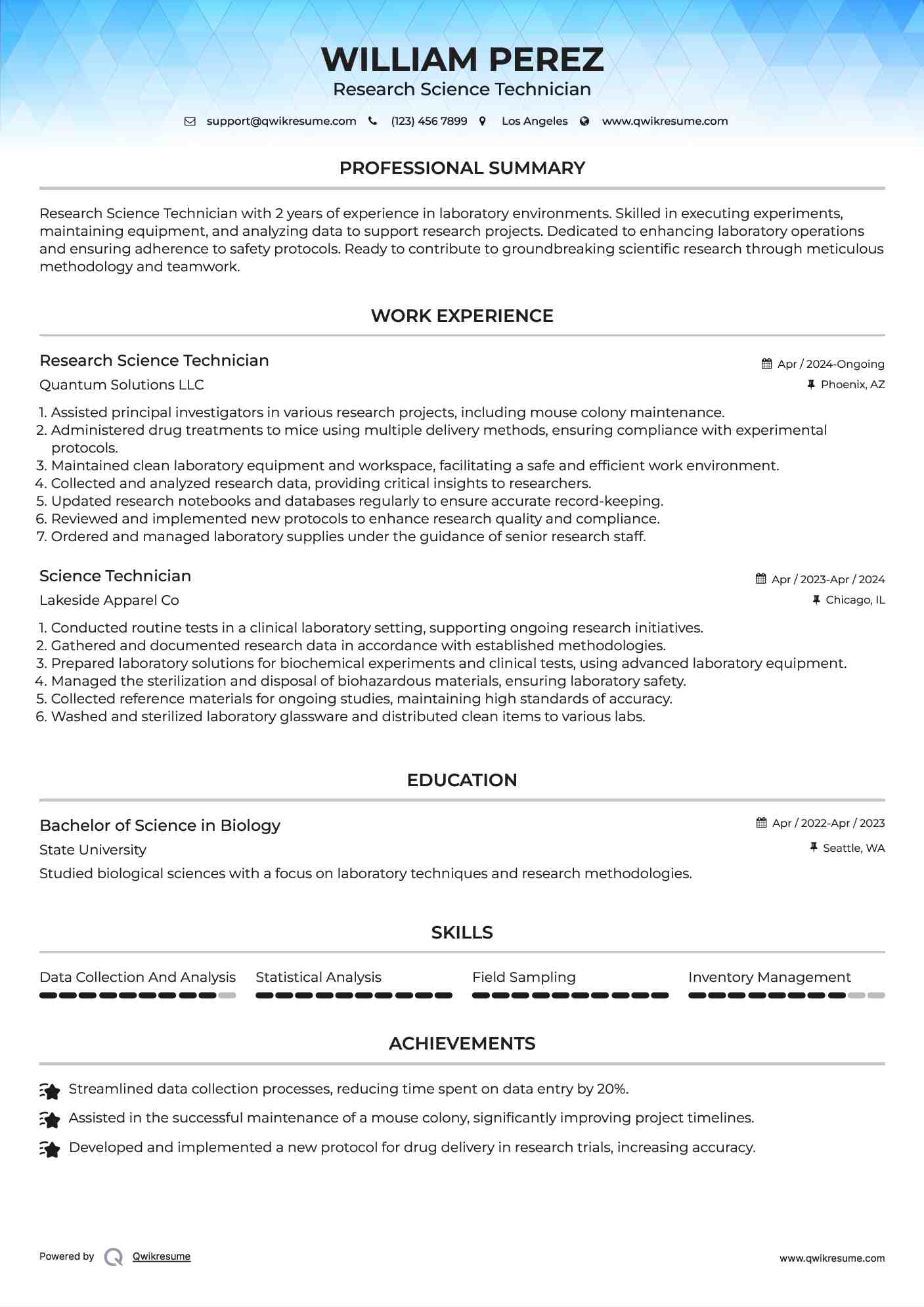 Research Science Technician Resume Format