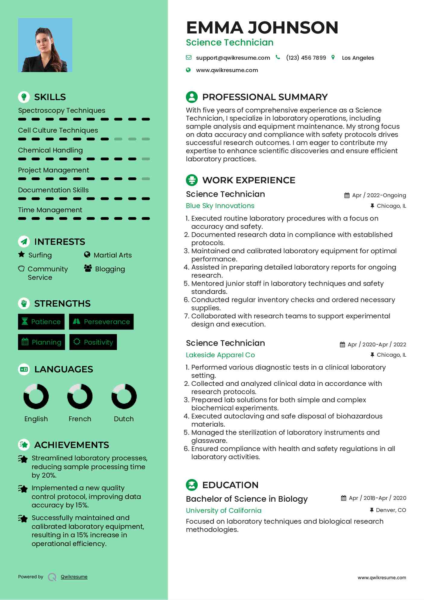 Science Technician Resume Model