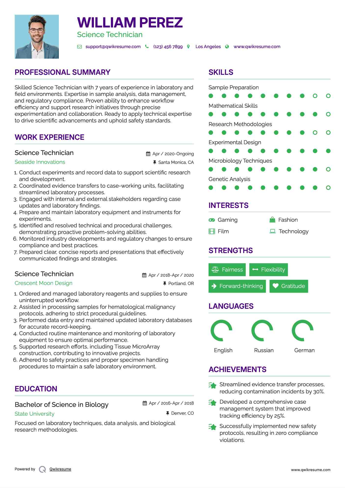 Science Technician Resume Samples | QwikResume
