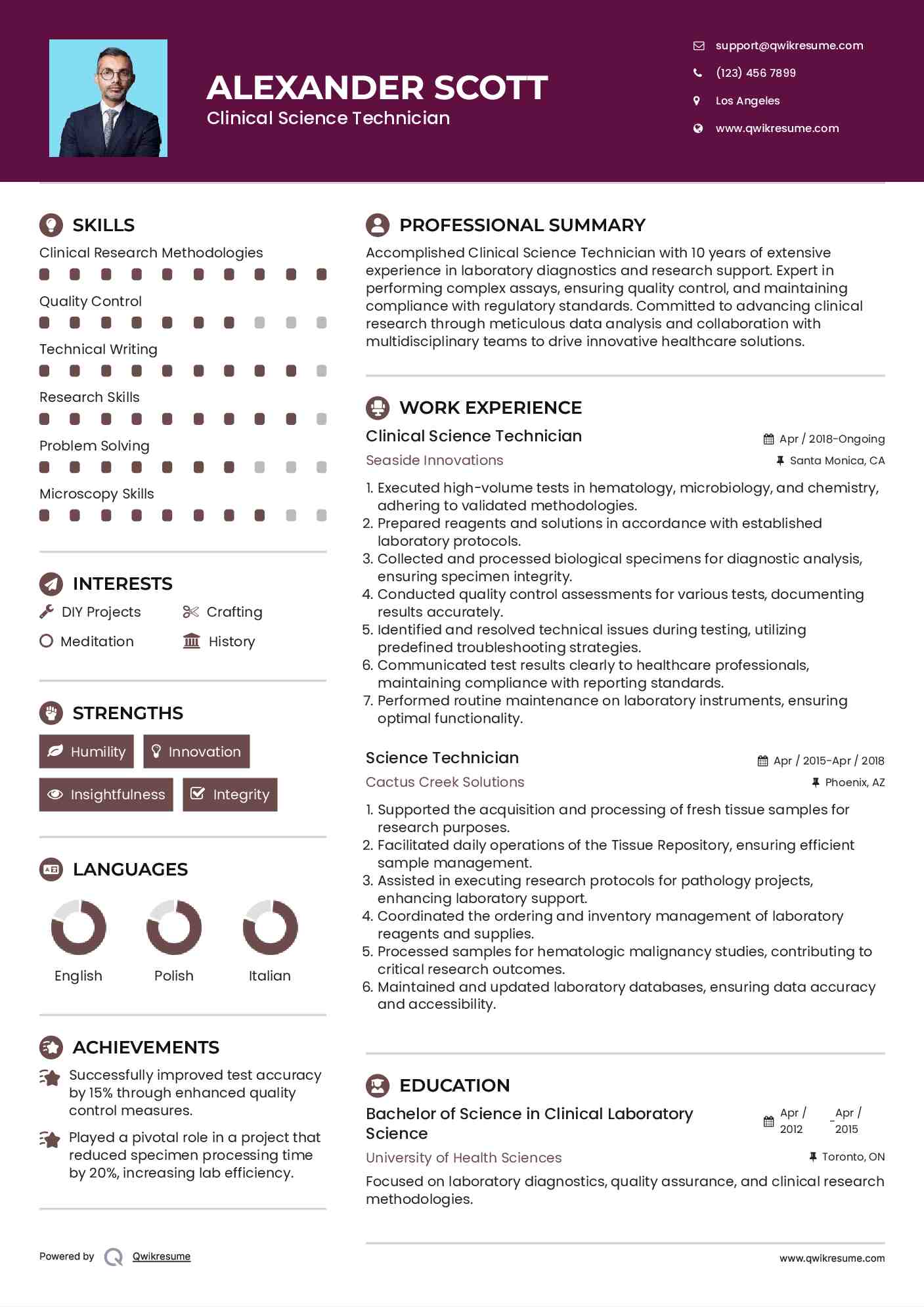 Clinical Science Technician Resume Template