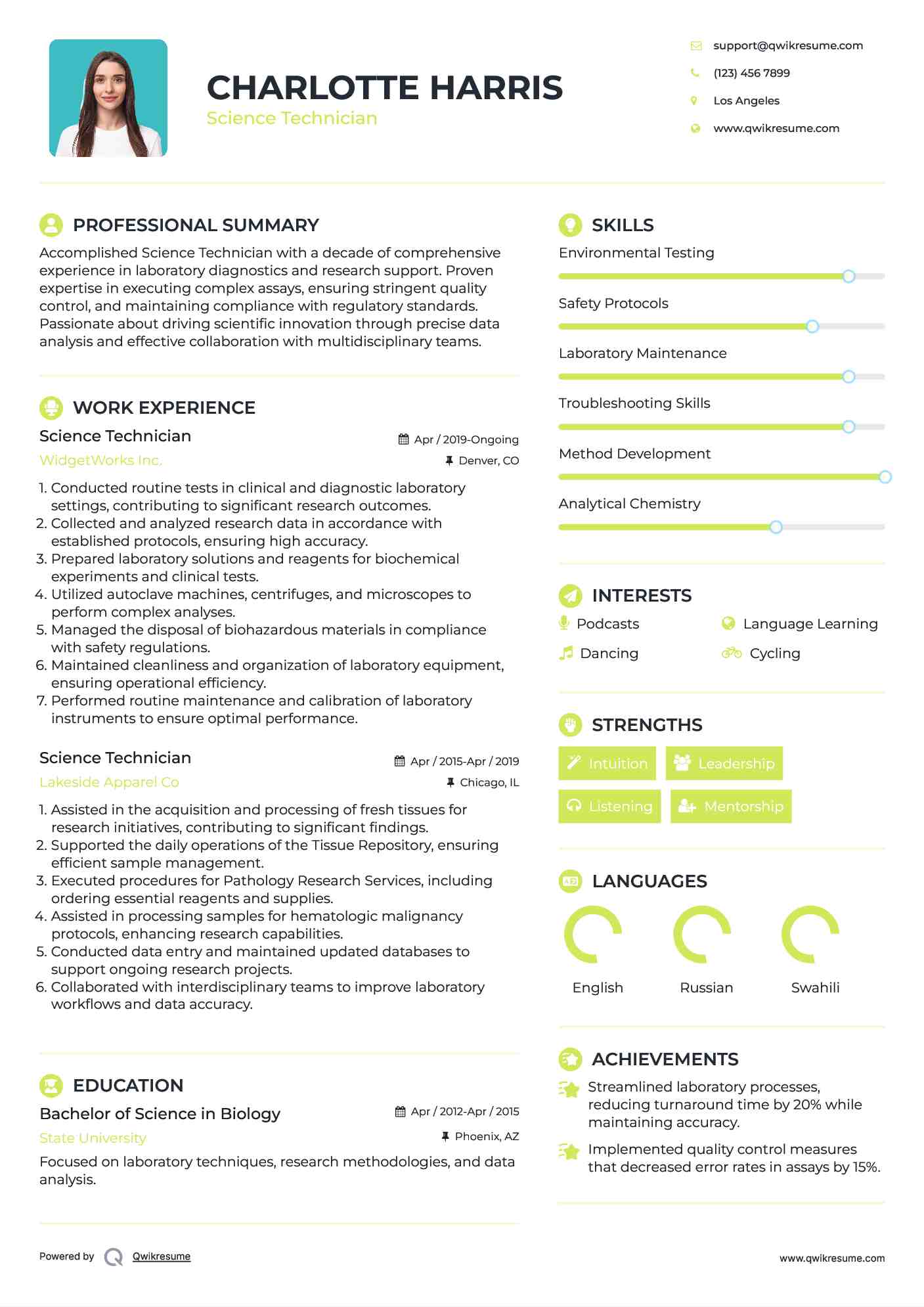 Science Technician Resume Format