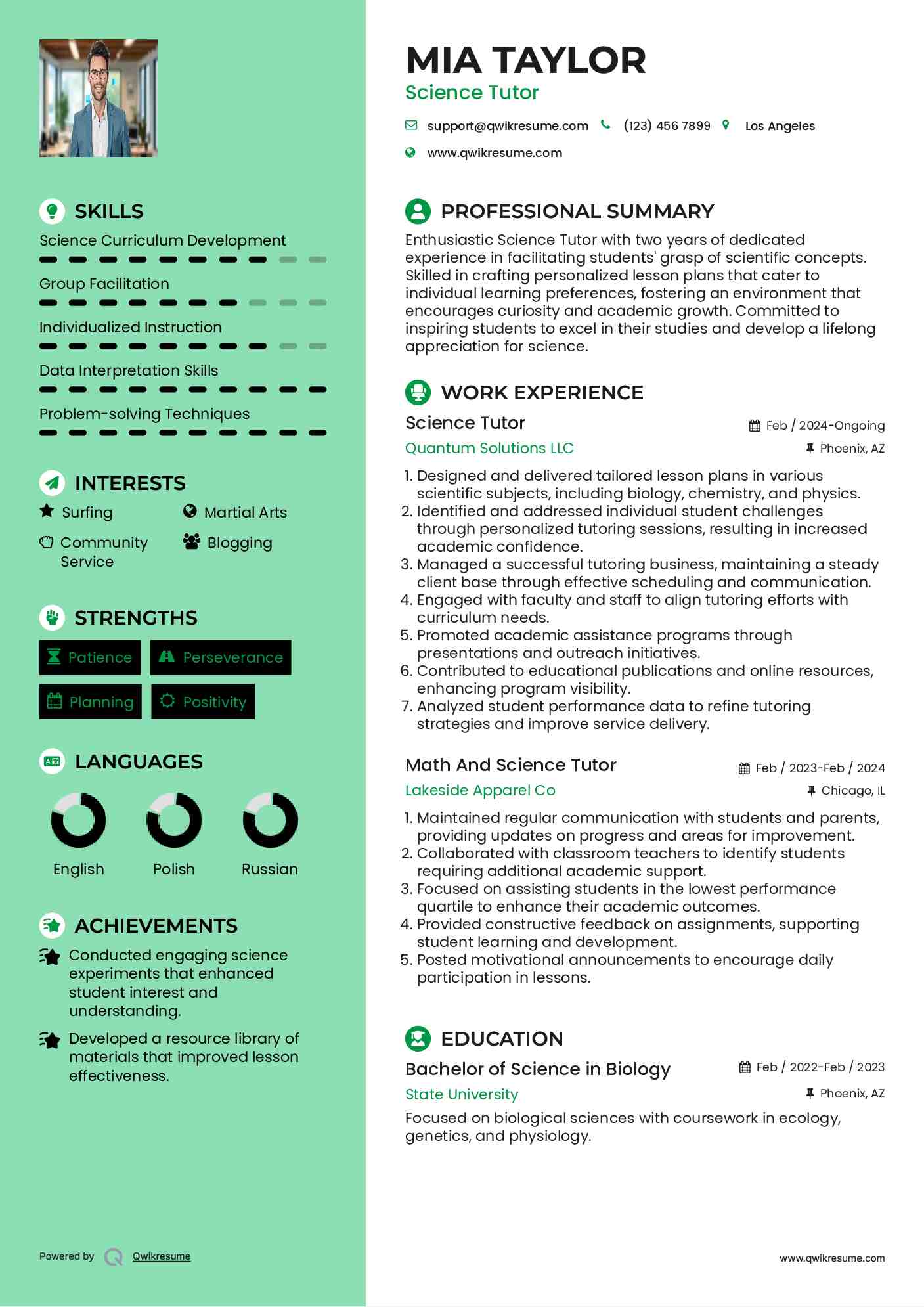 Science Tutor Resume Sample