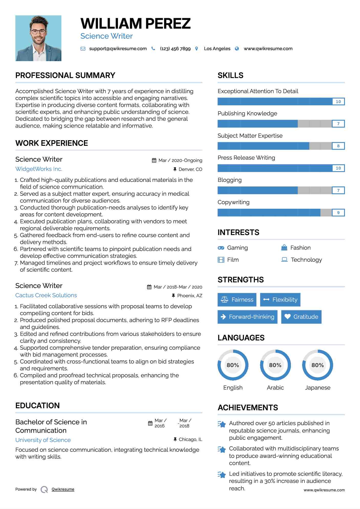 Science Writer Resume Format