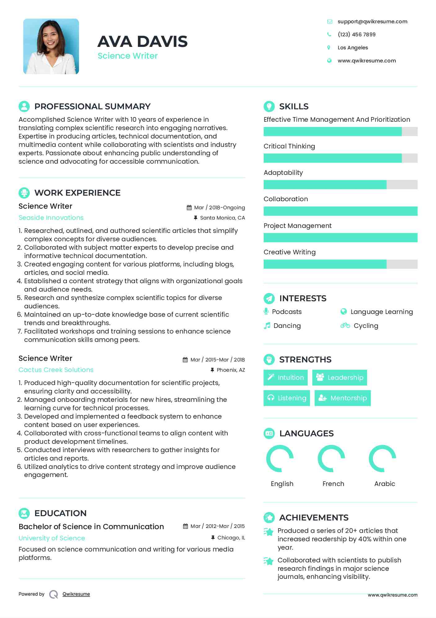 Science Writer Resume Model