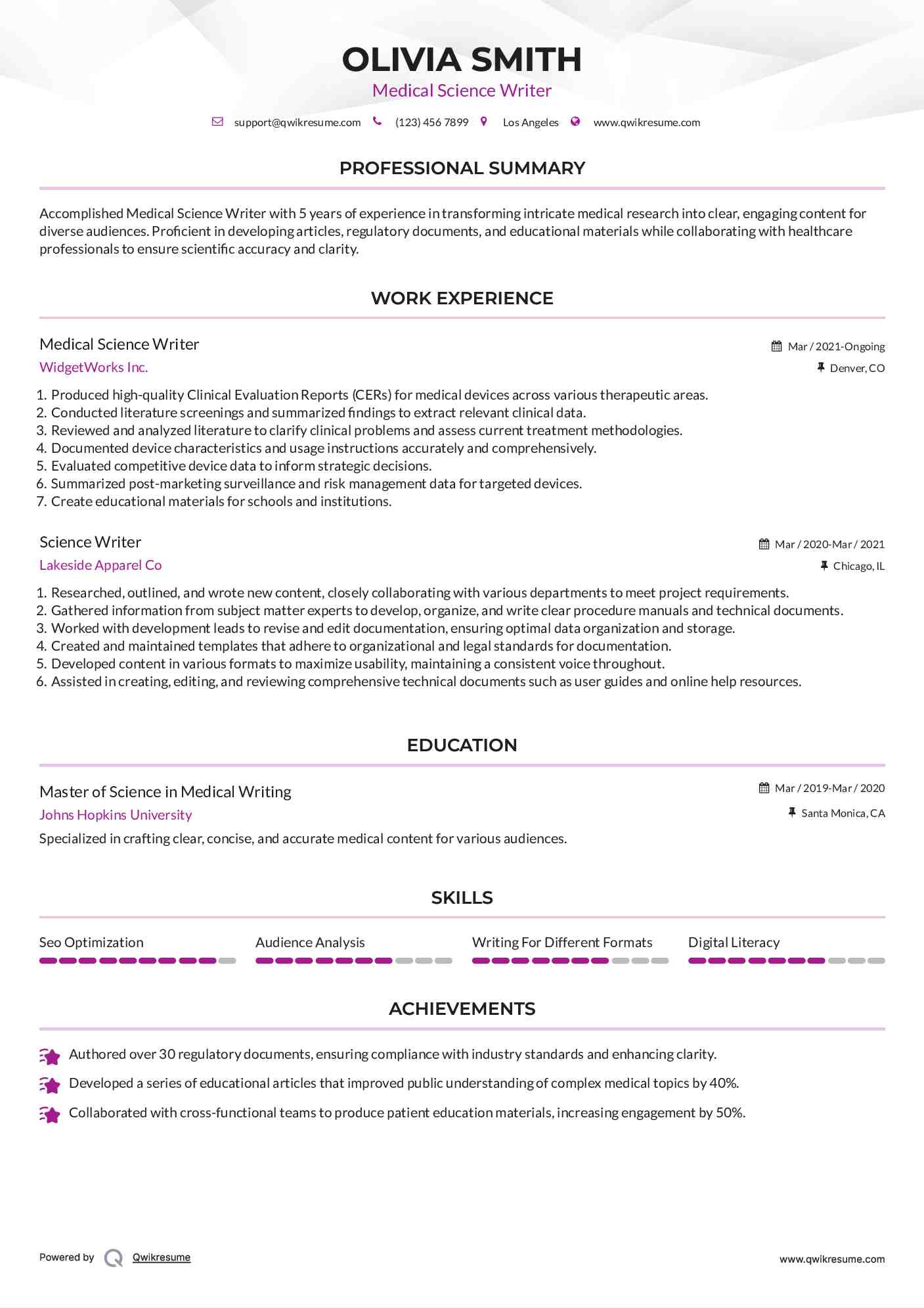 Medical Science Writer Resume Model