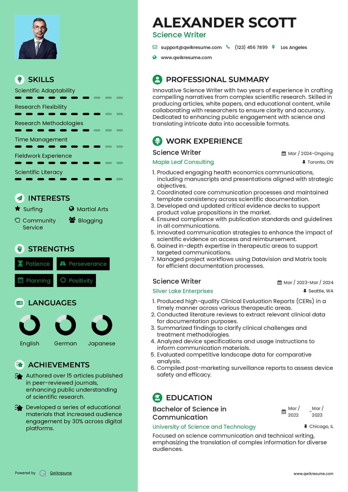 Science Writer Resume Sample