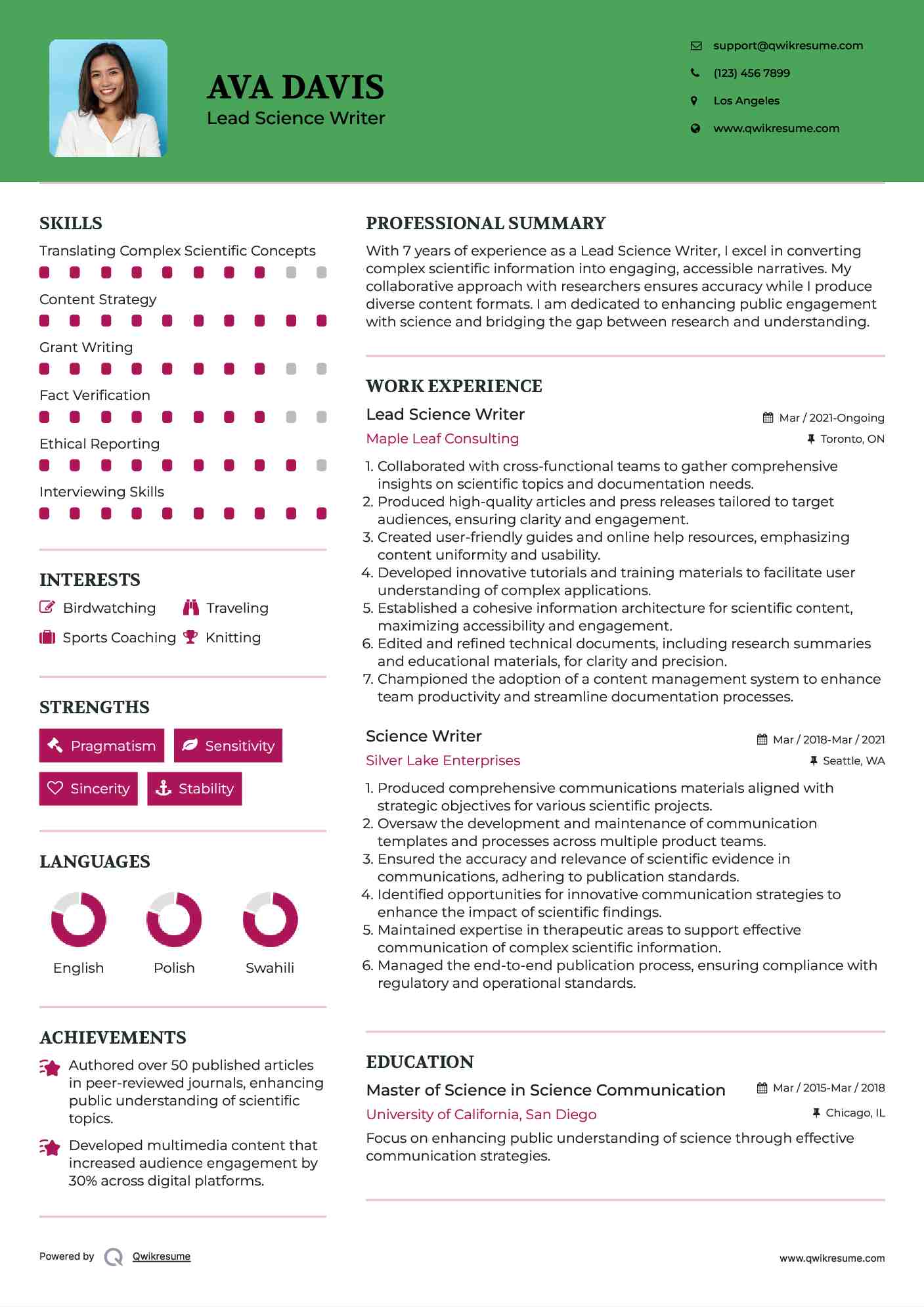 Lead Science Writer Resume Format