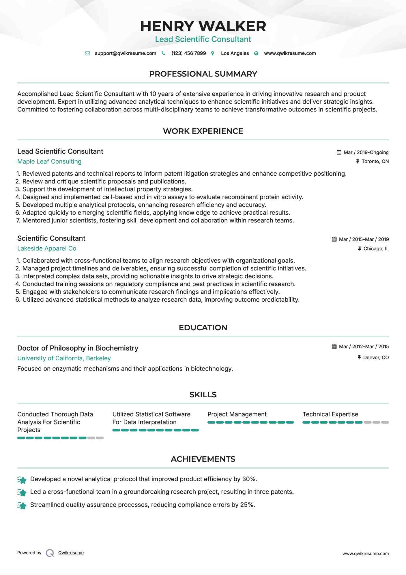 Lead Scientific Consultant Resume Format