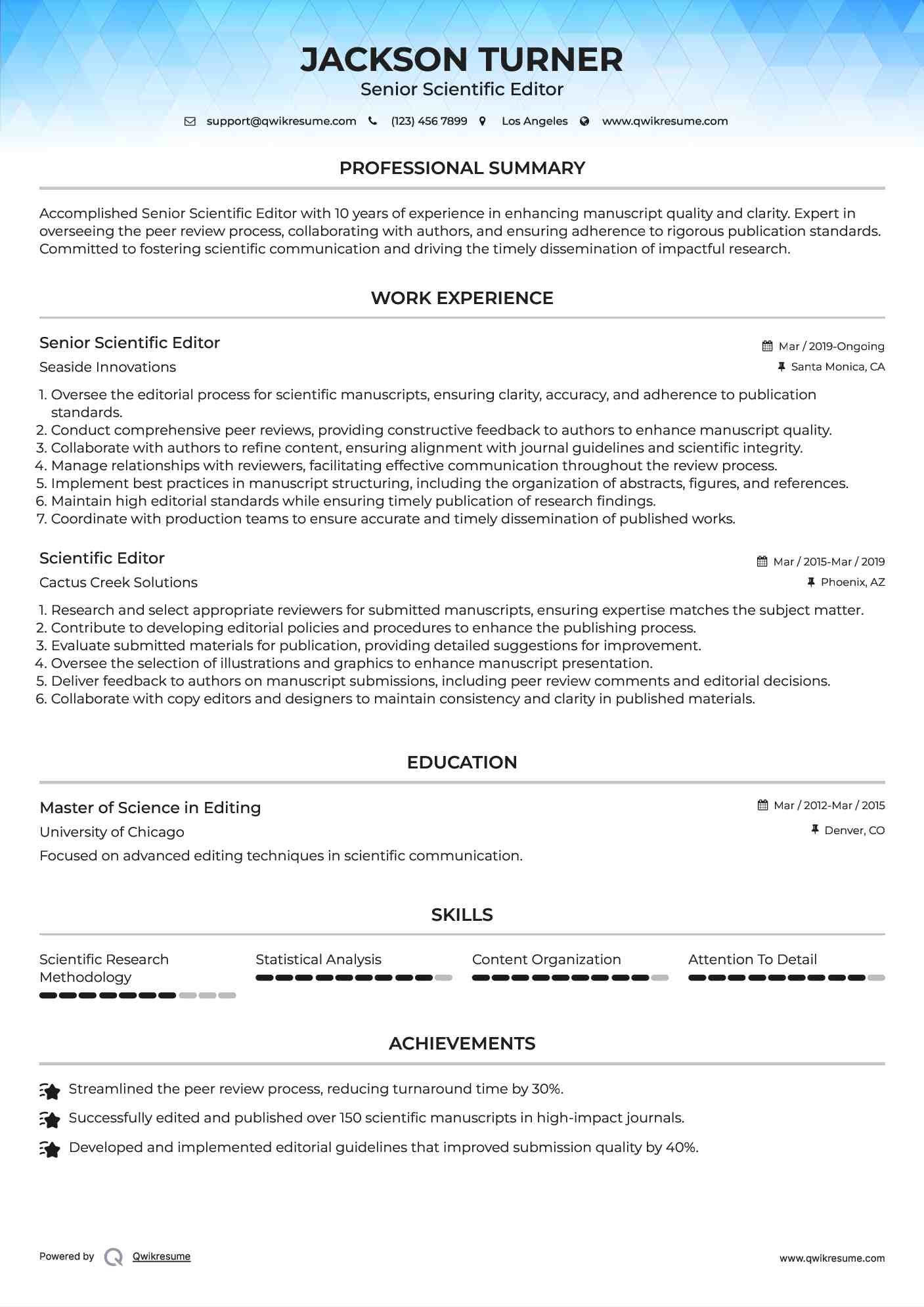 Senior Scientific Editor Resume Model