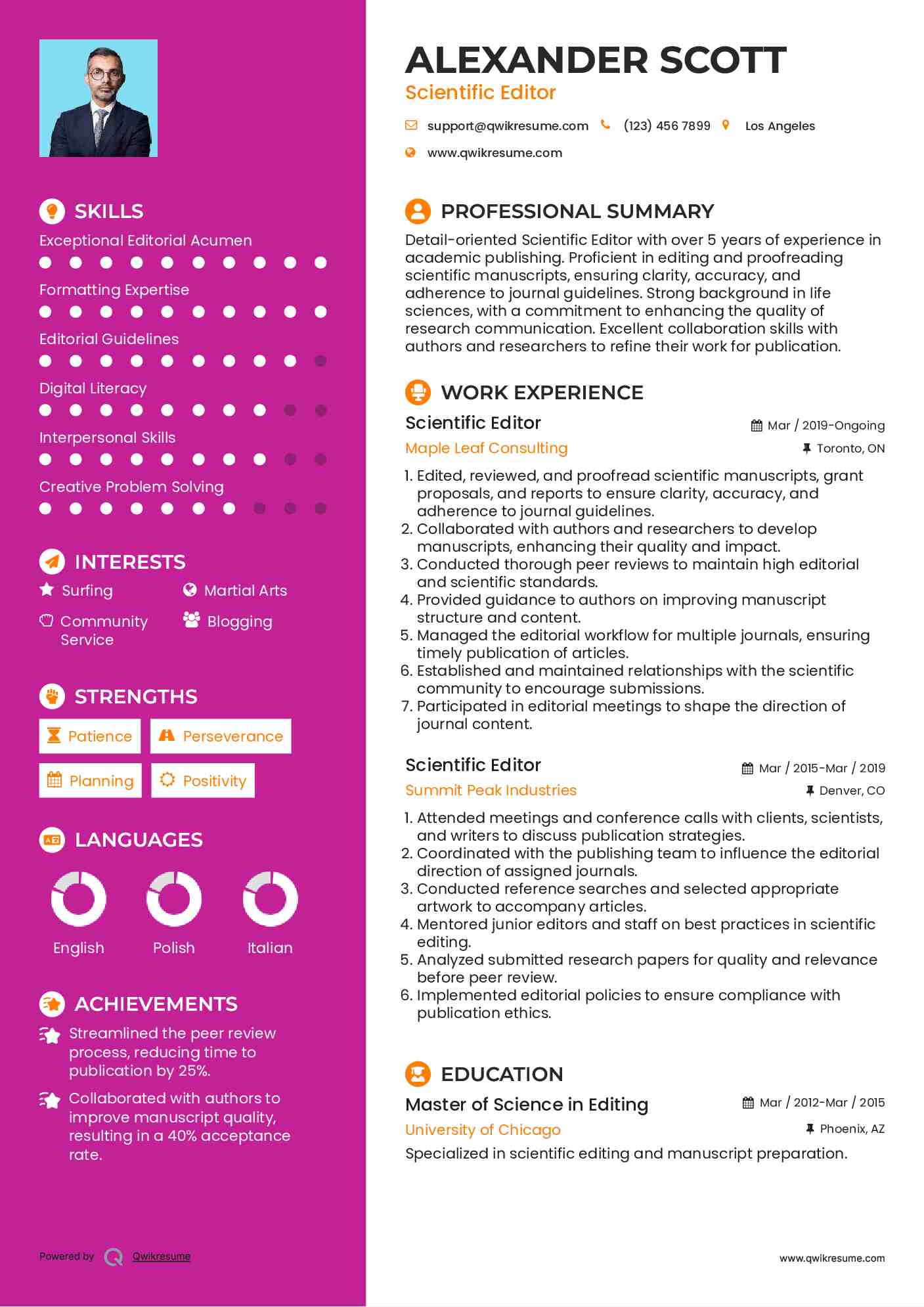 Scientific Editor Resume Format