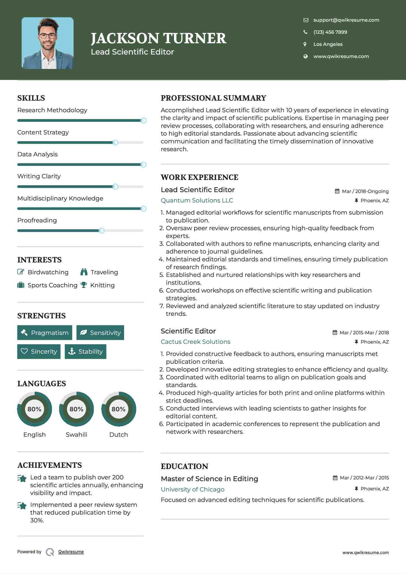 Lead Scientific Editor Resume Example