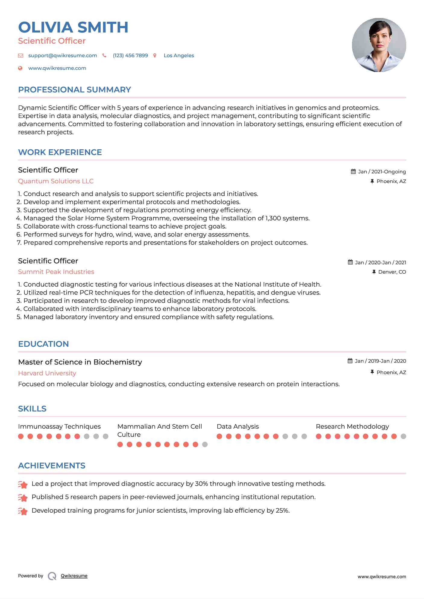Scientific Officer Resume Sample