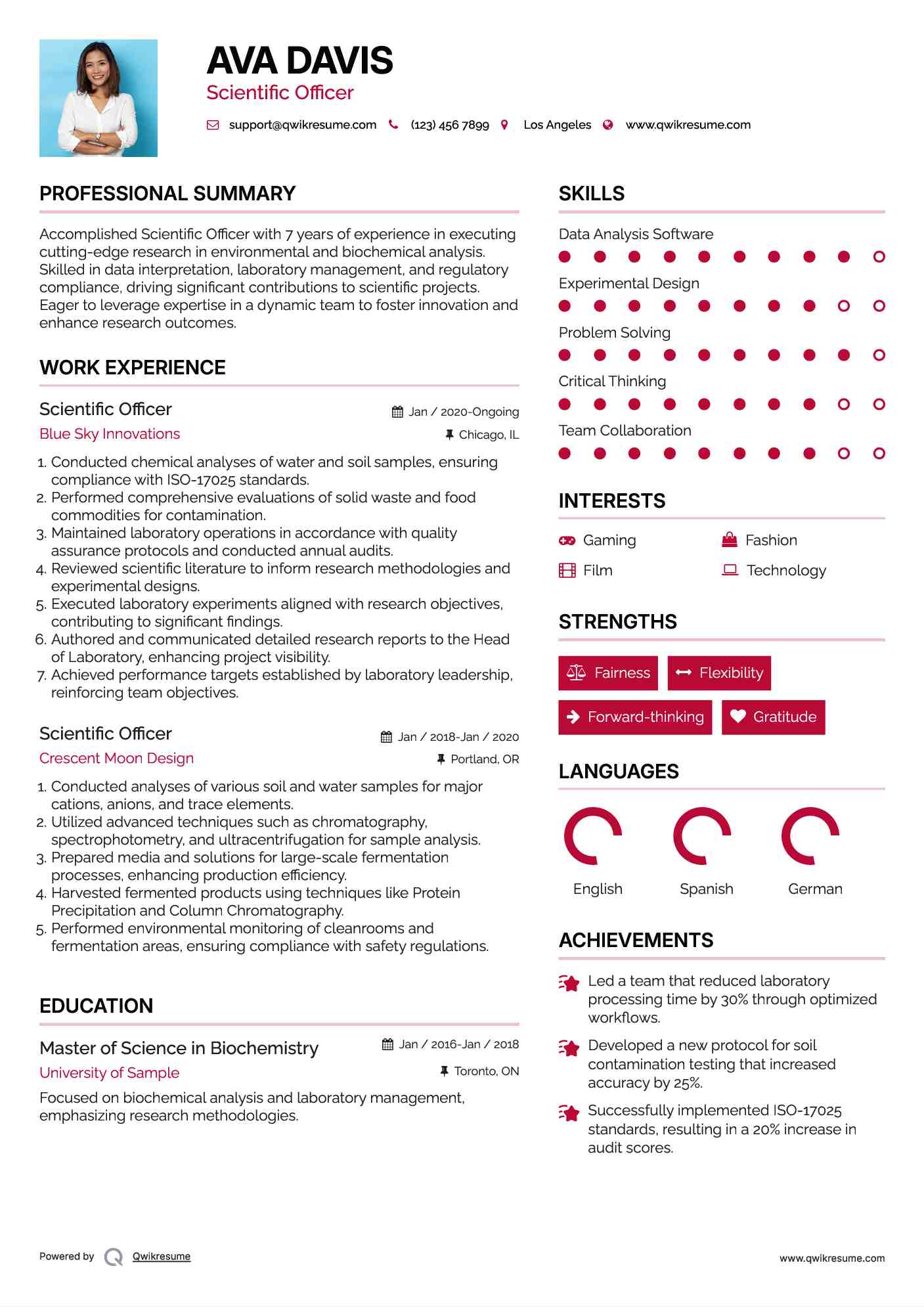 Scientific Officer Resume Example