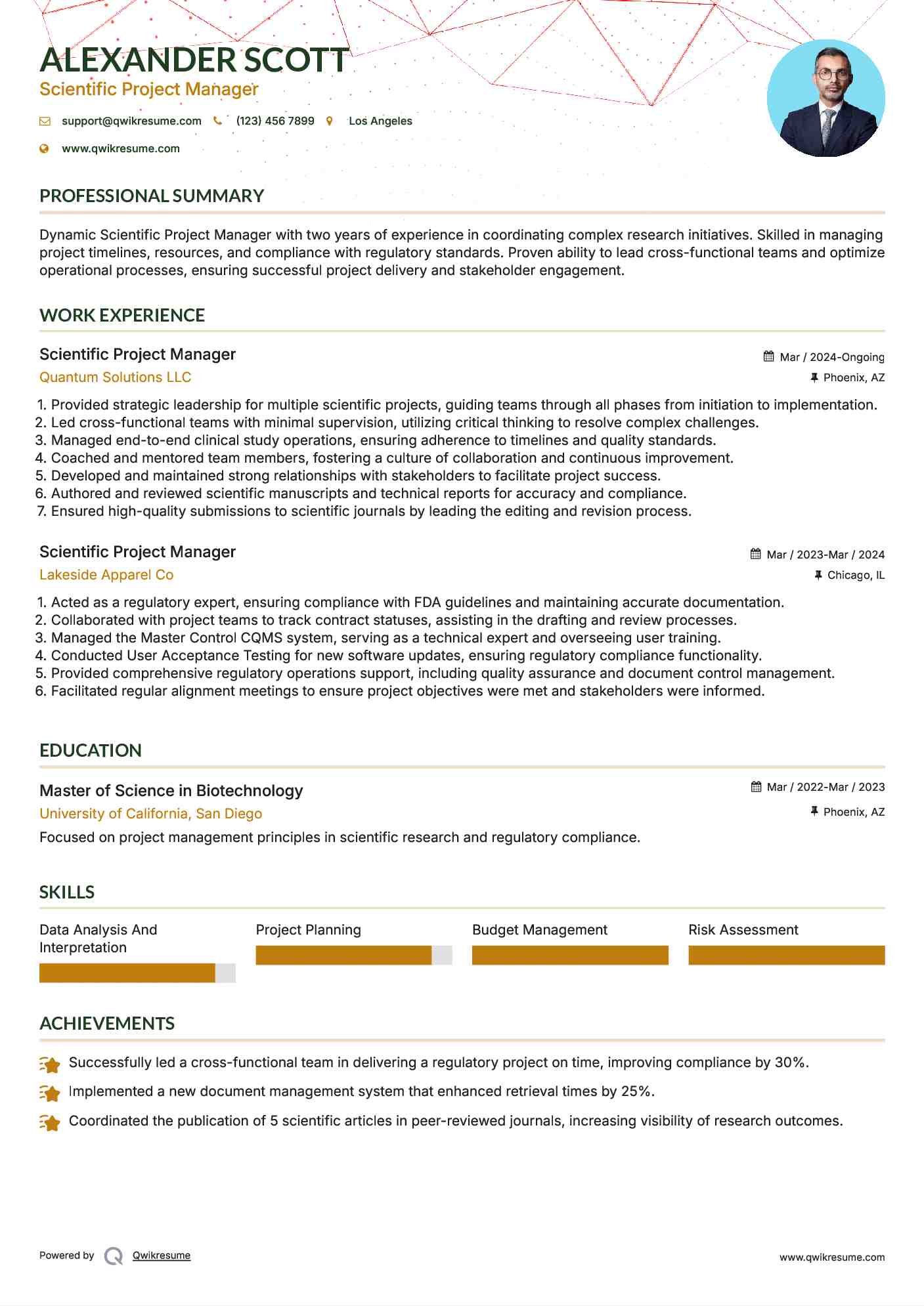 Scientific Project Manager Resume Template