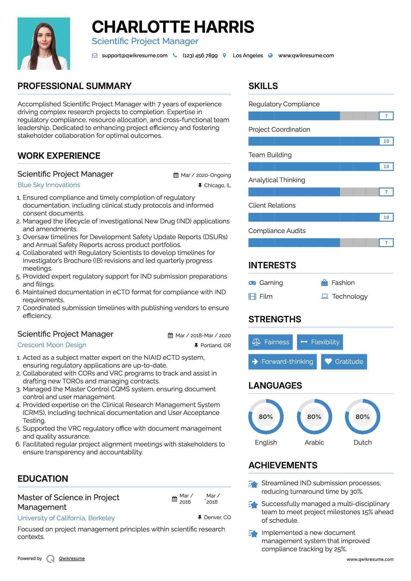 Scientific Project Manager Resume Example