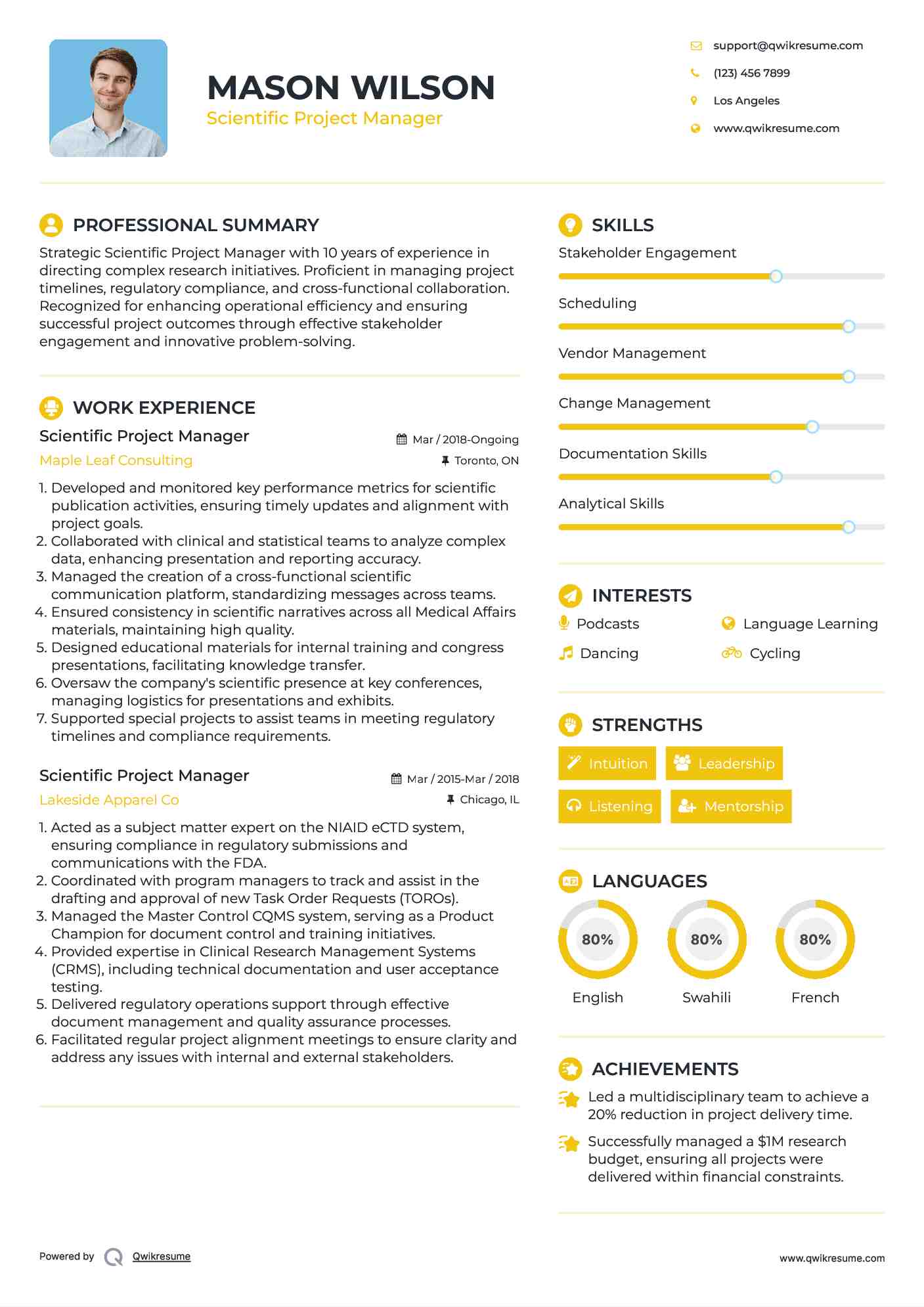 Scientific Project Manager Resume Example