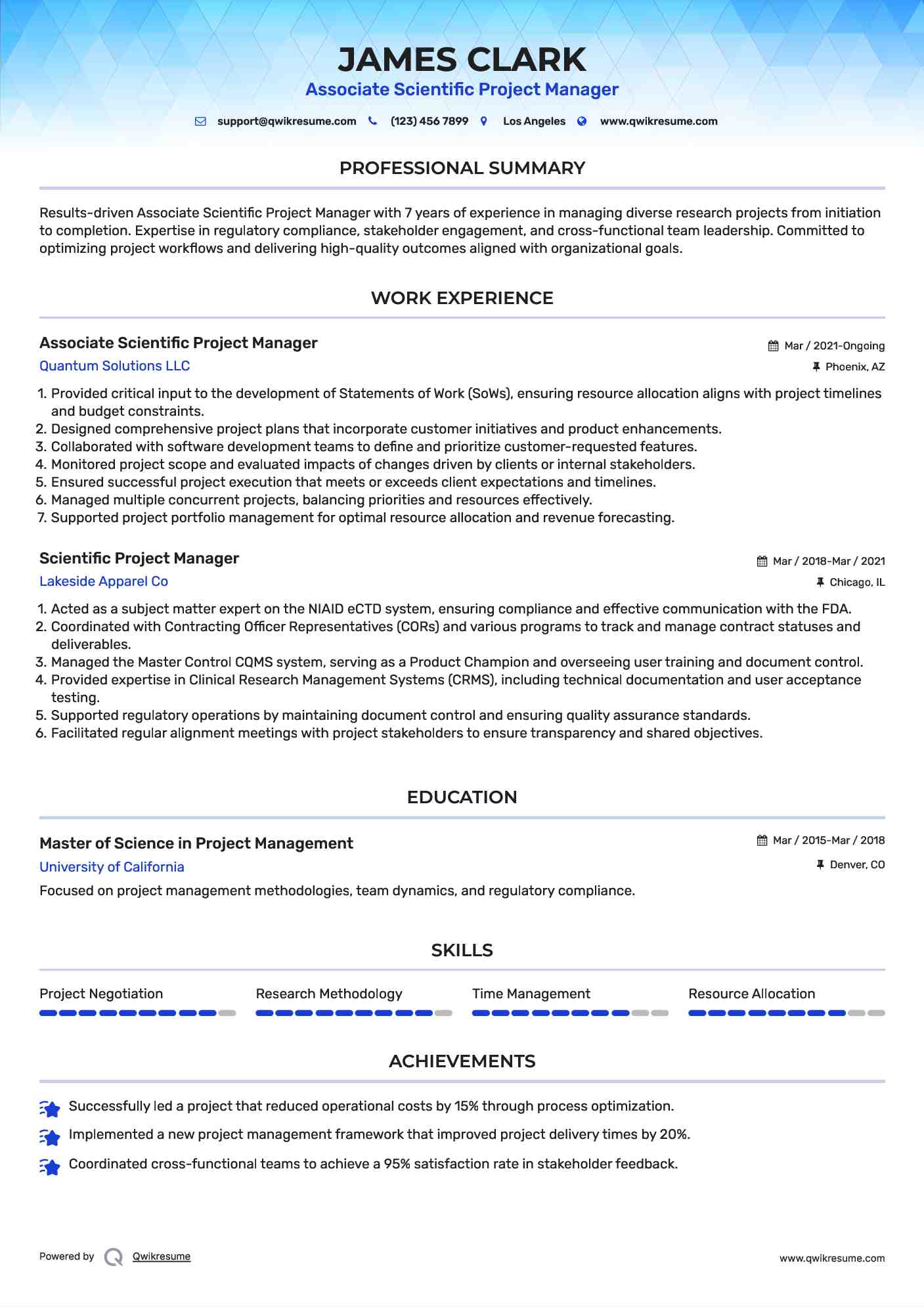 Associate Scientific Project Manager
 Resume Example