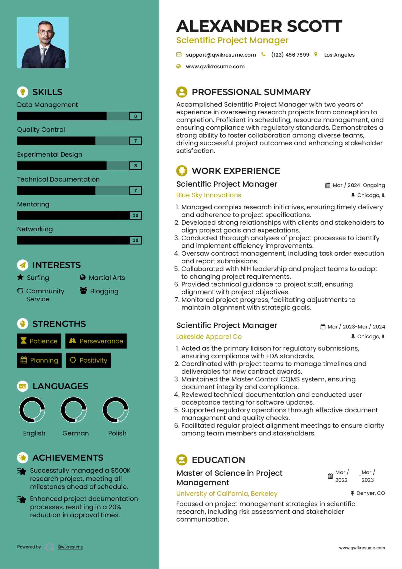 Scientific Project Manager Resume Template