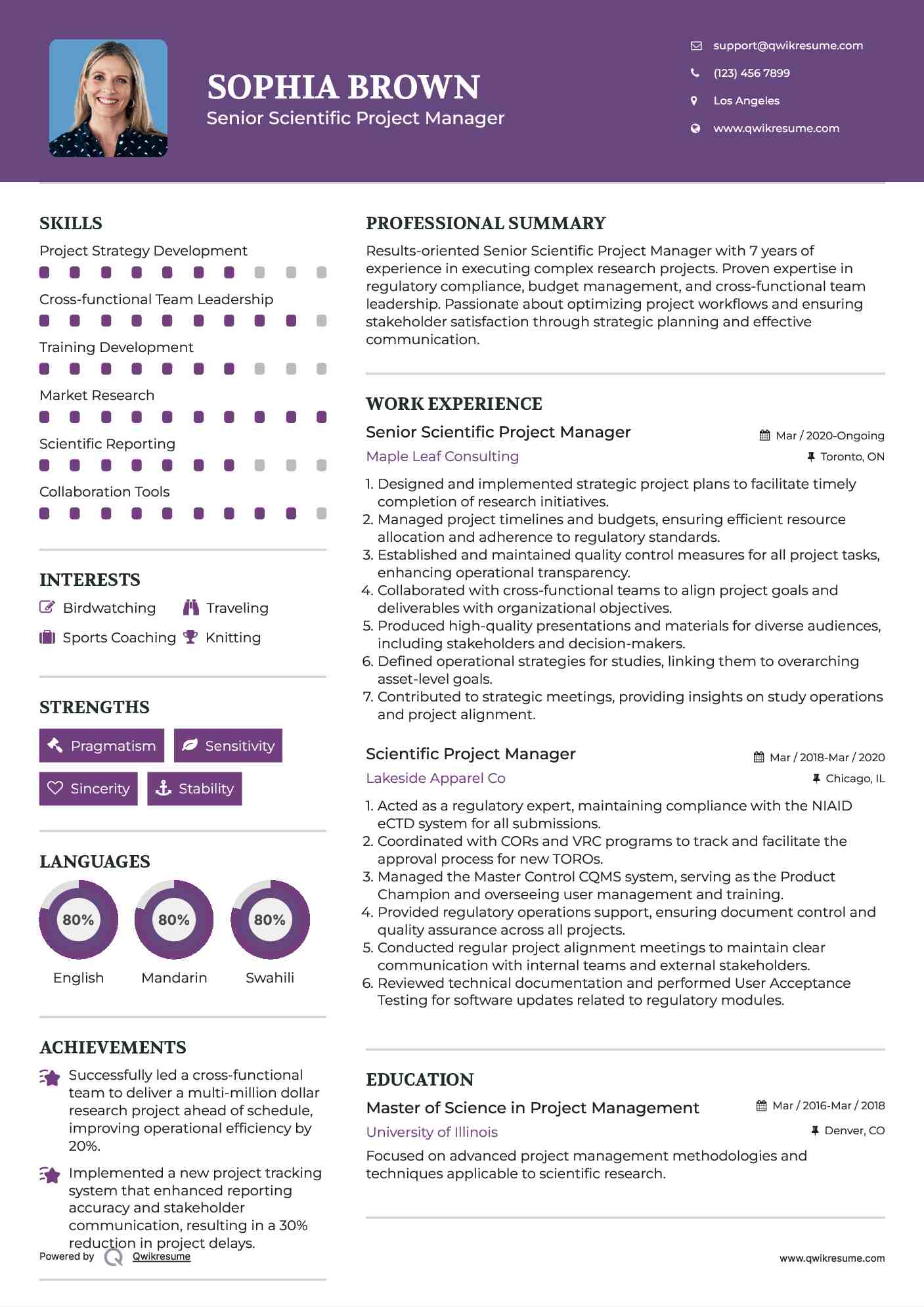 Senior Scientific Project Manager Resume Sample