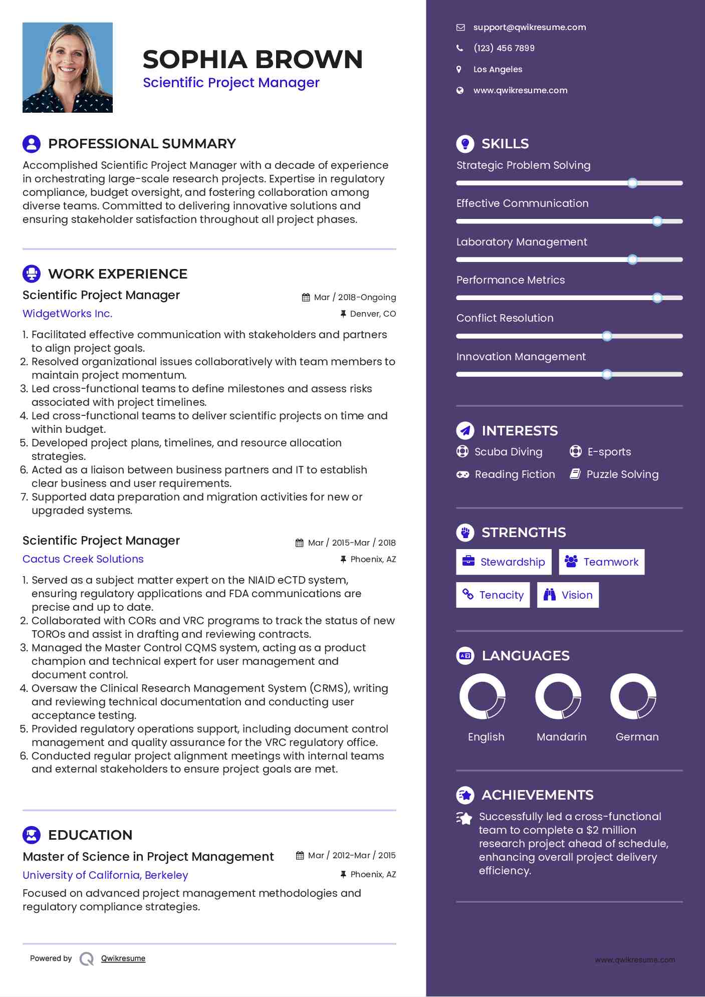 Scientific Project Manager Resume Sample
