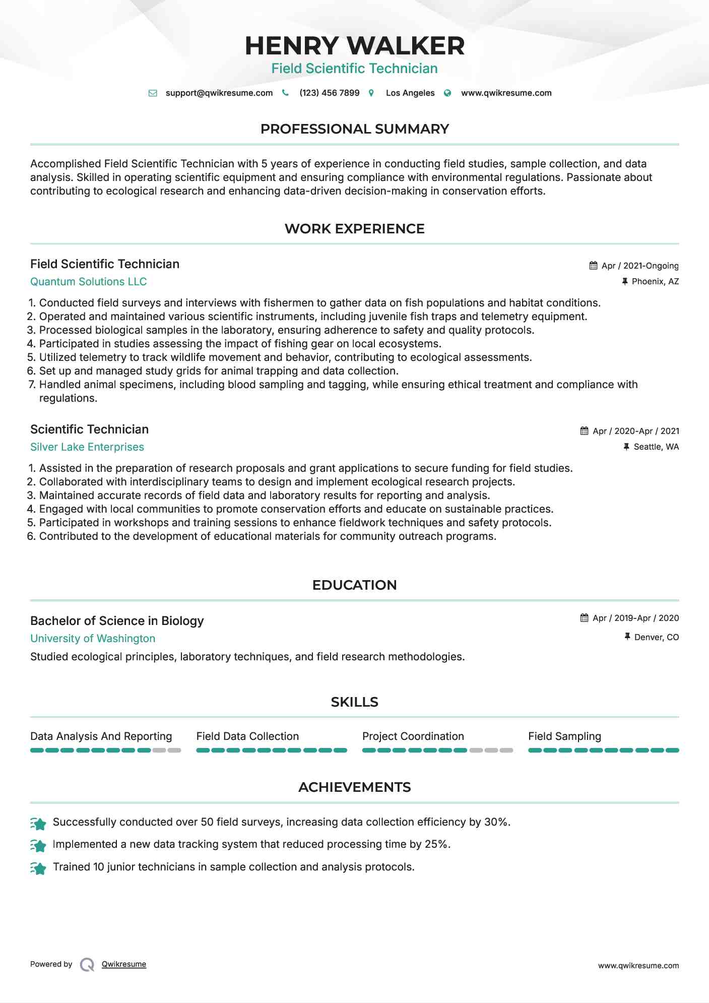Field Scientific Technician Resume Model