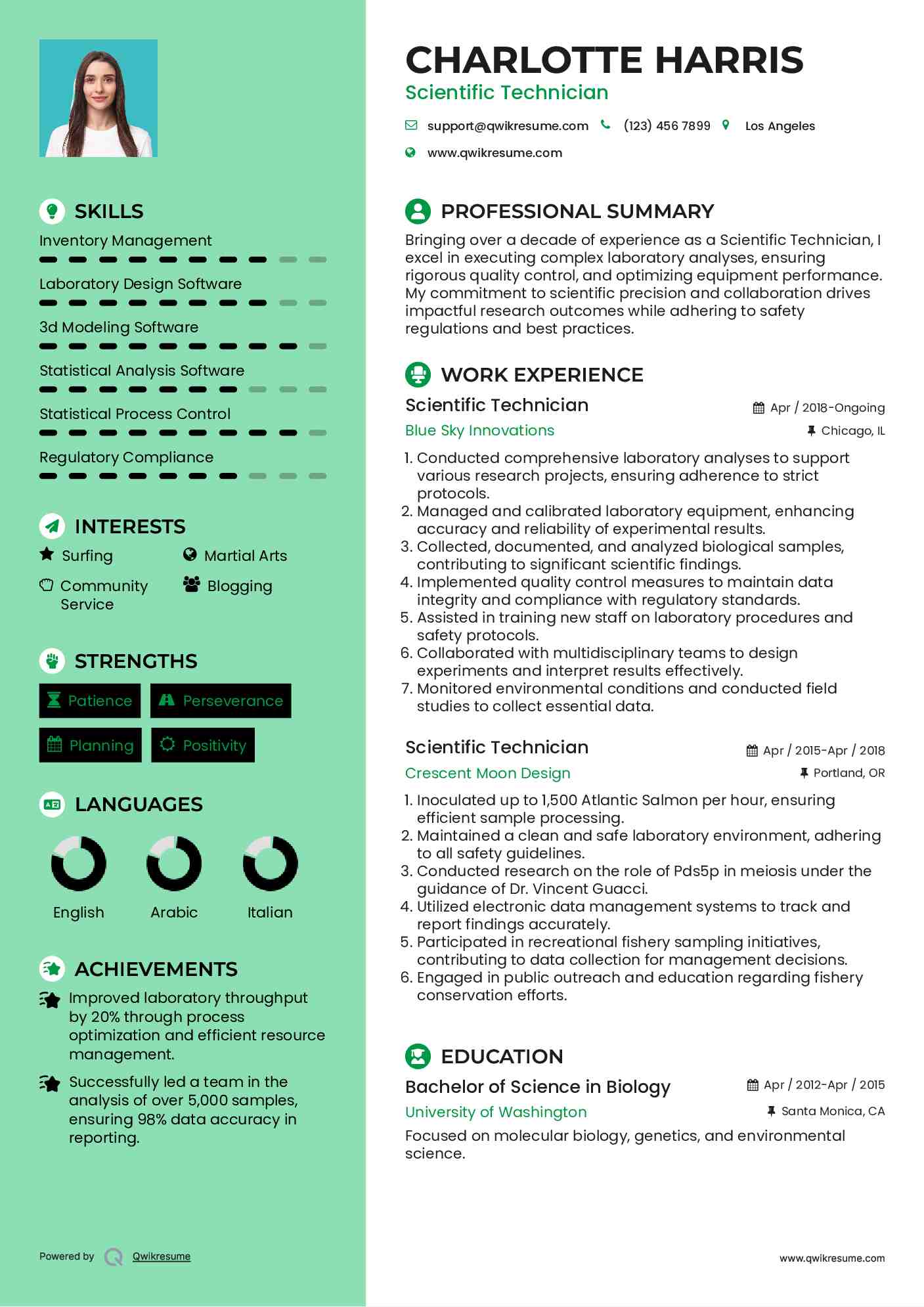 Scientific Technician Resume Example