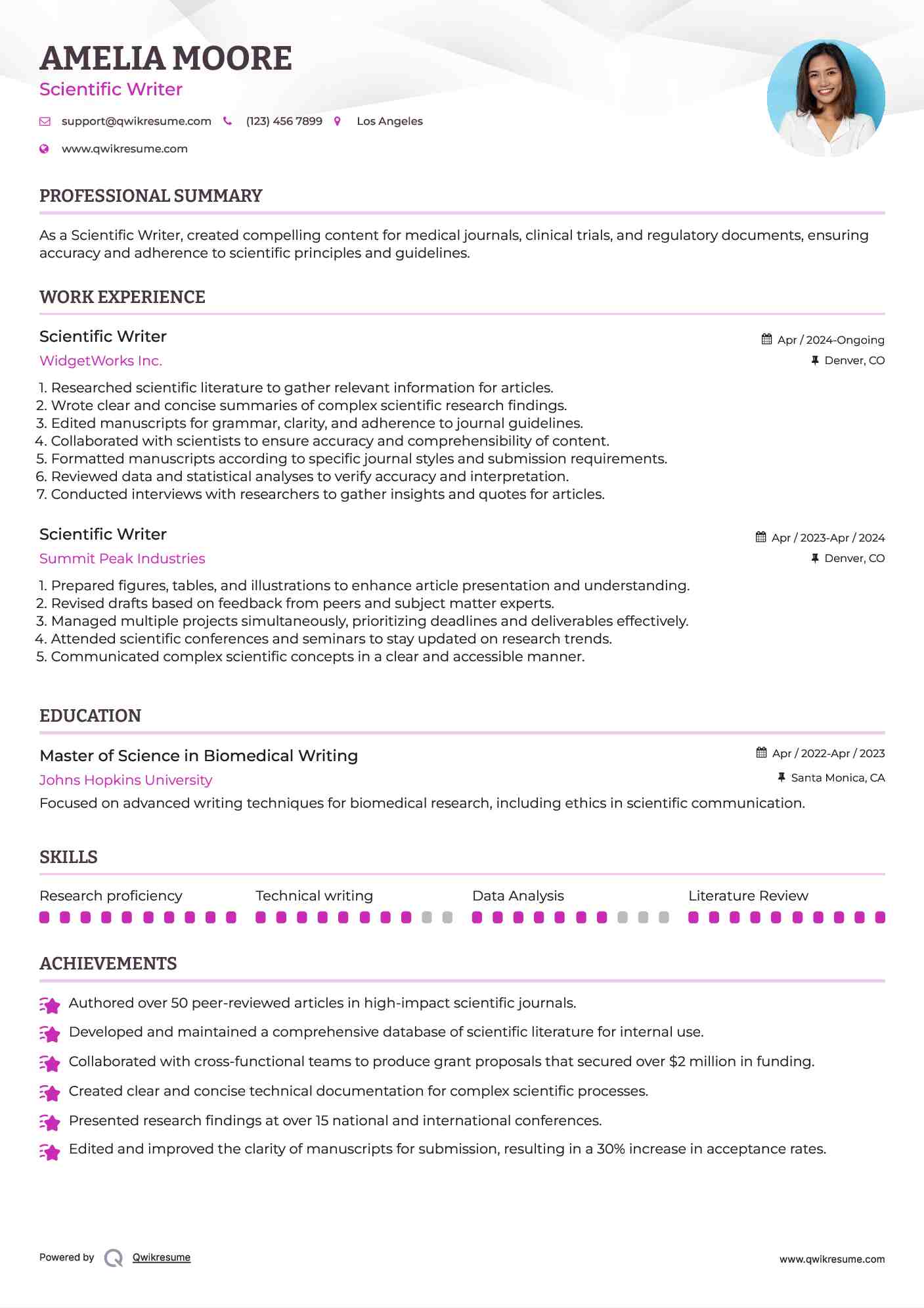 Scientific Writer Resume Format