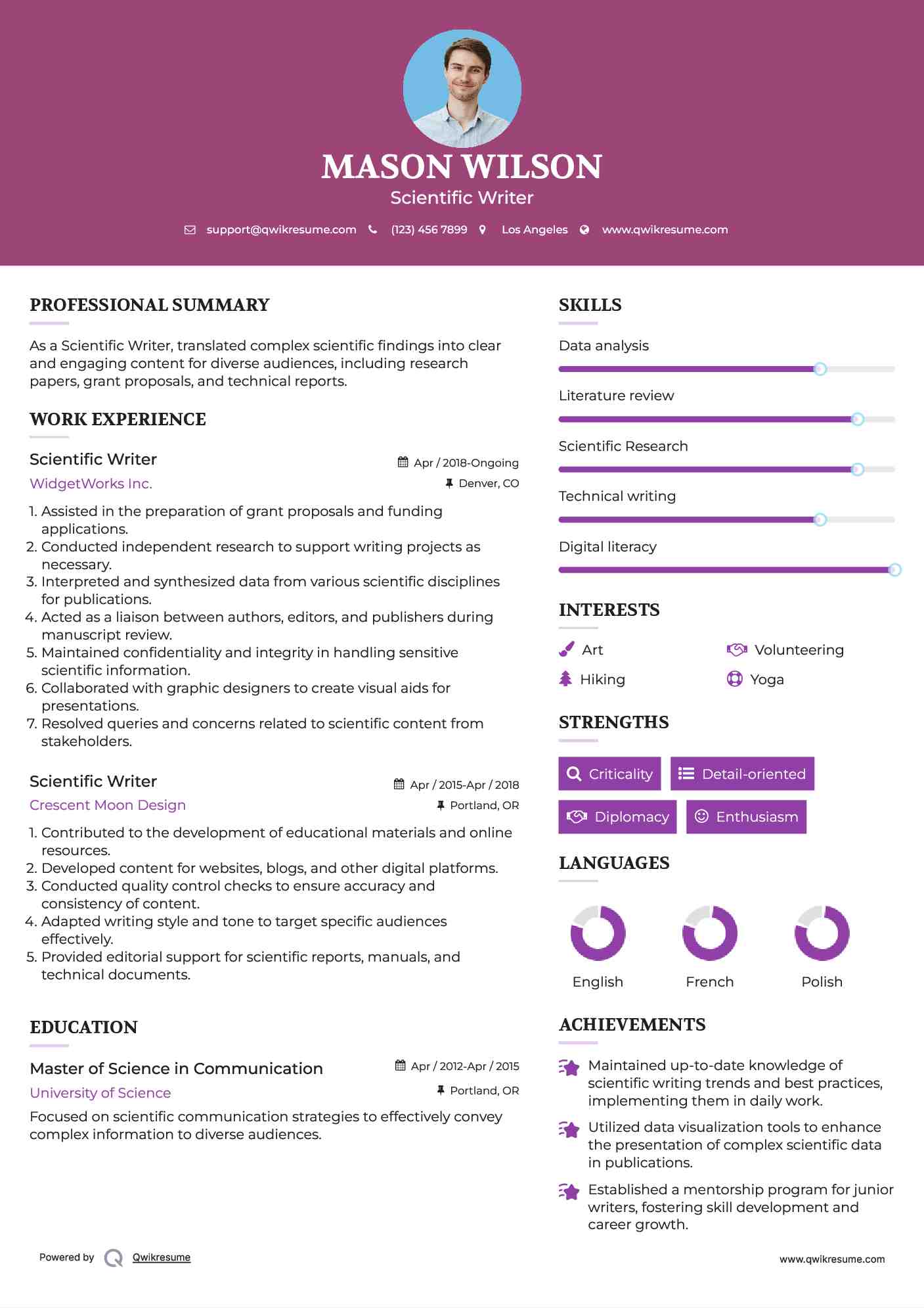 Scientific Writer Resume Format