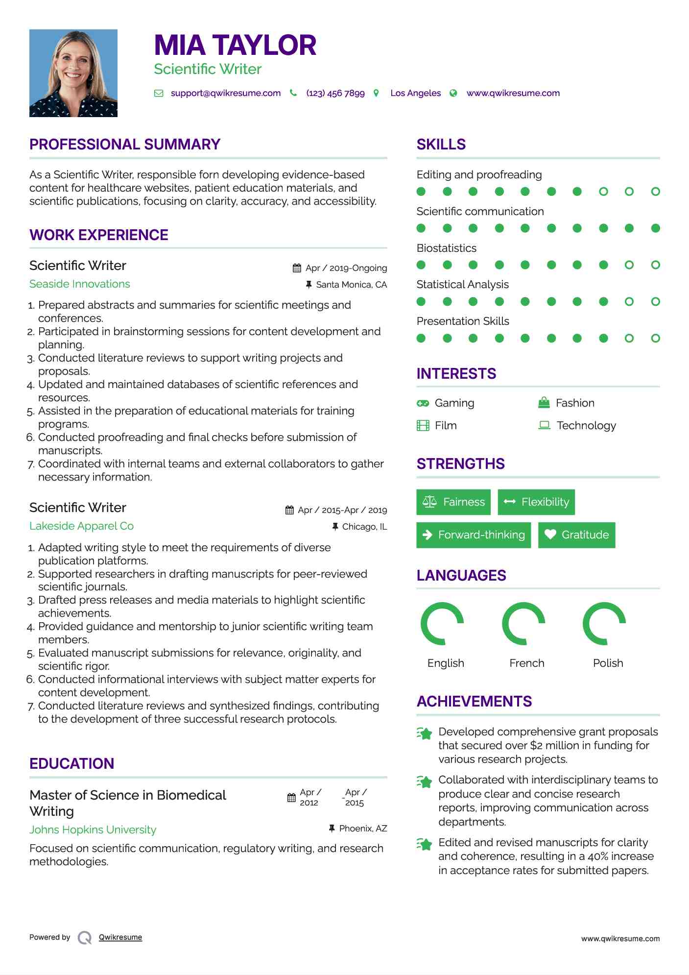 Scientific Writer Resume Example