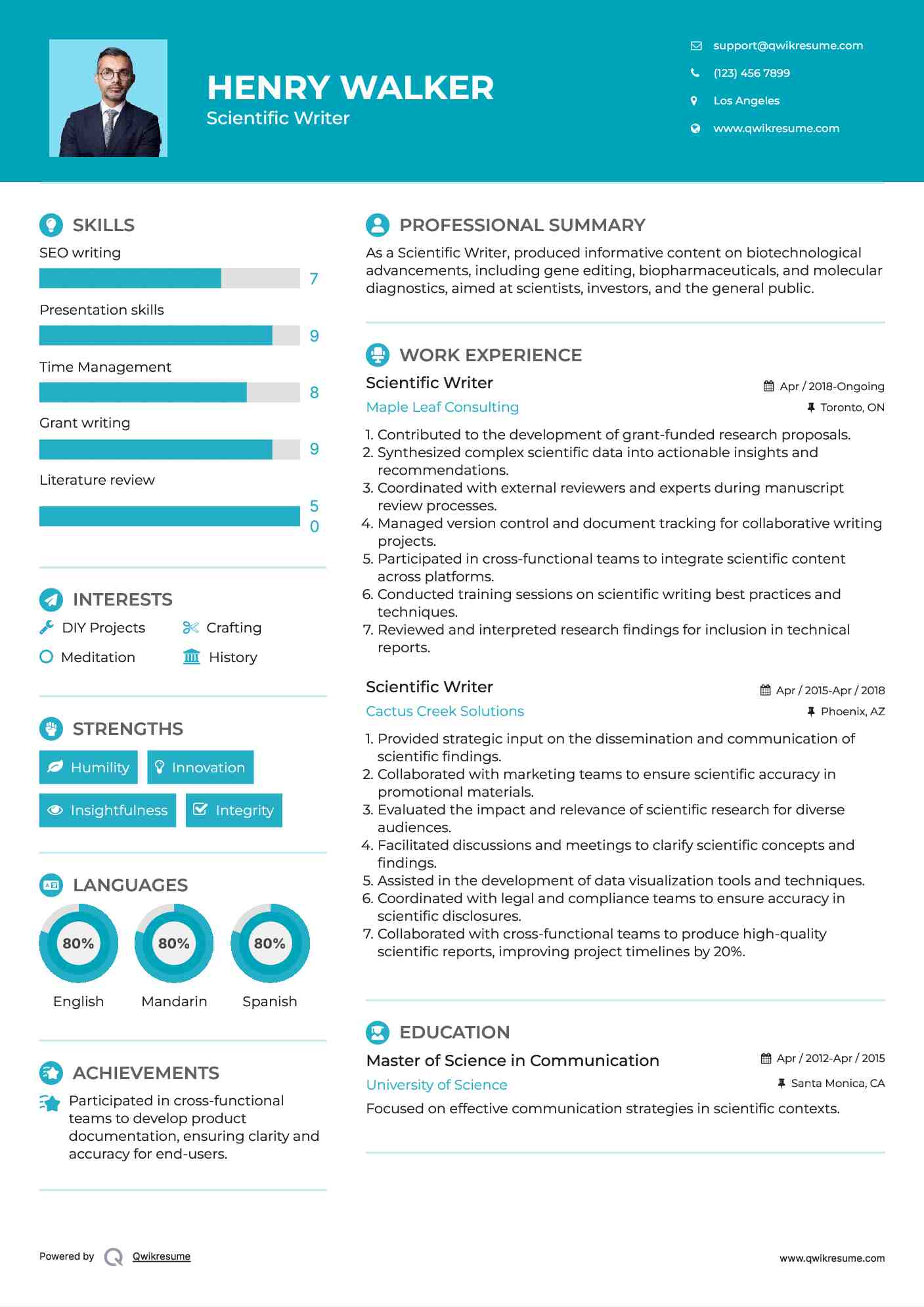 Scientific Writer Resume Format