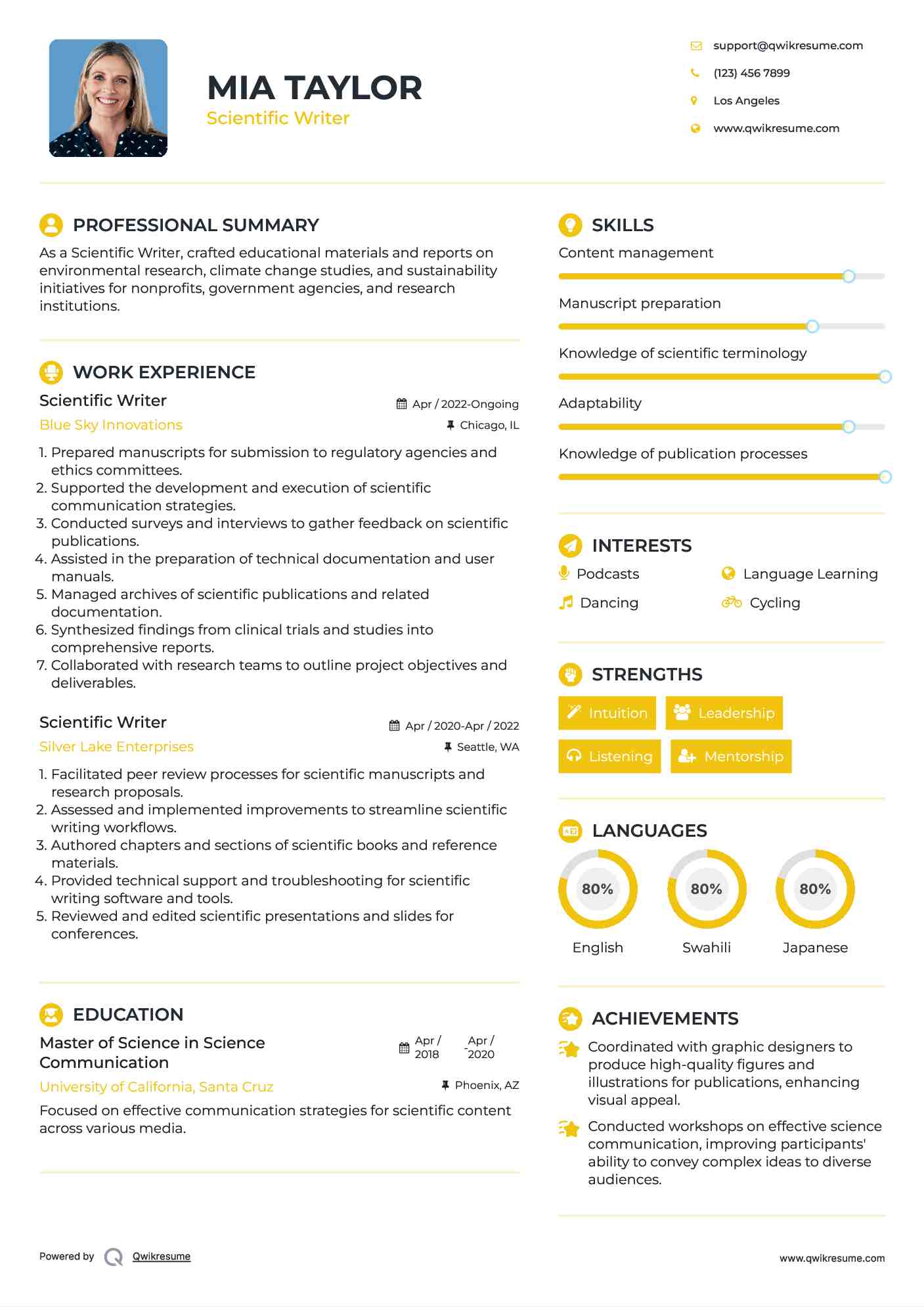 Scientific Writer Resume Template
