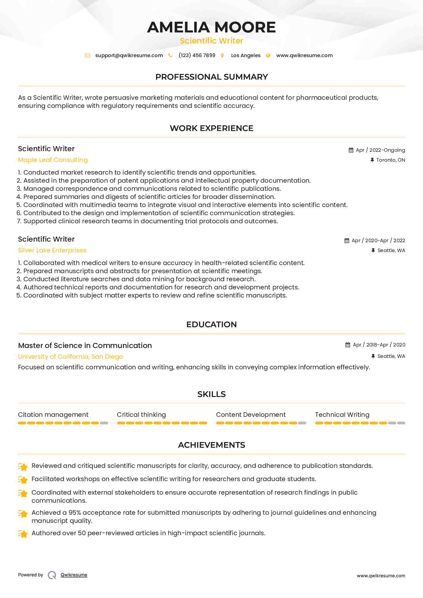 Scientific Writer Resume Template
