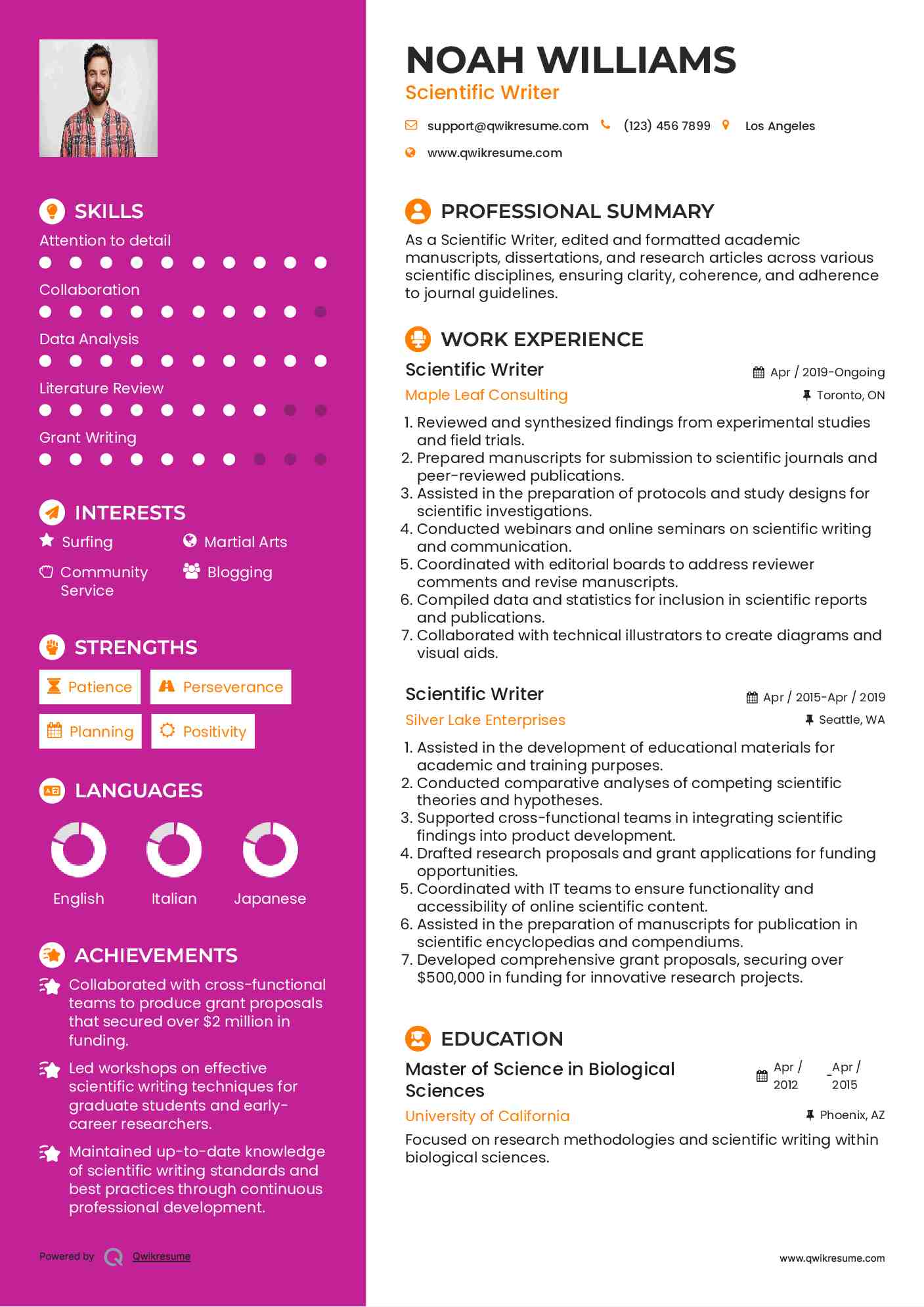 Scientific Writer Resume Model