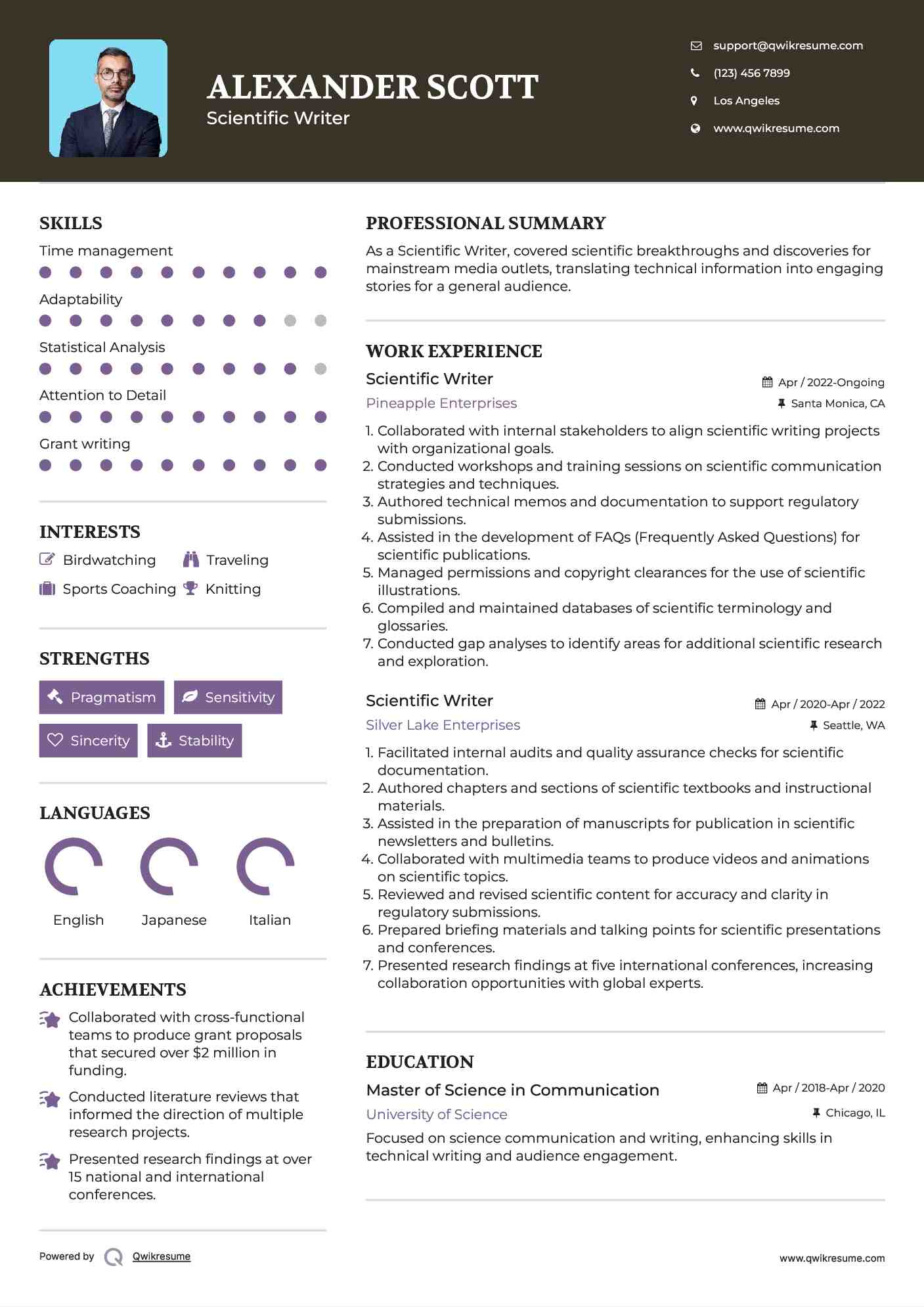 Scientific Writer Resume Example