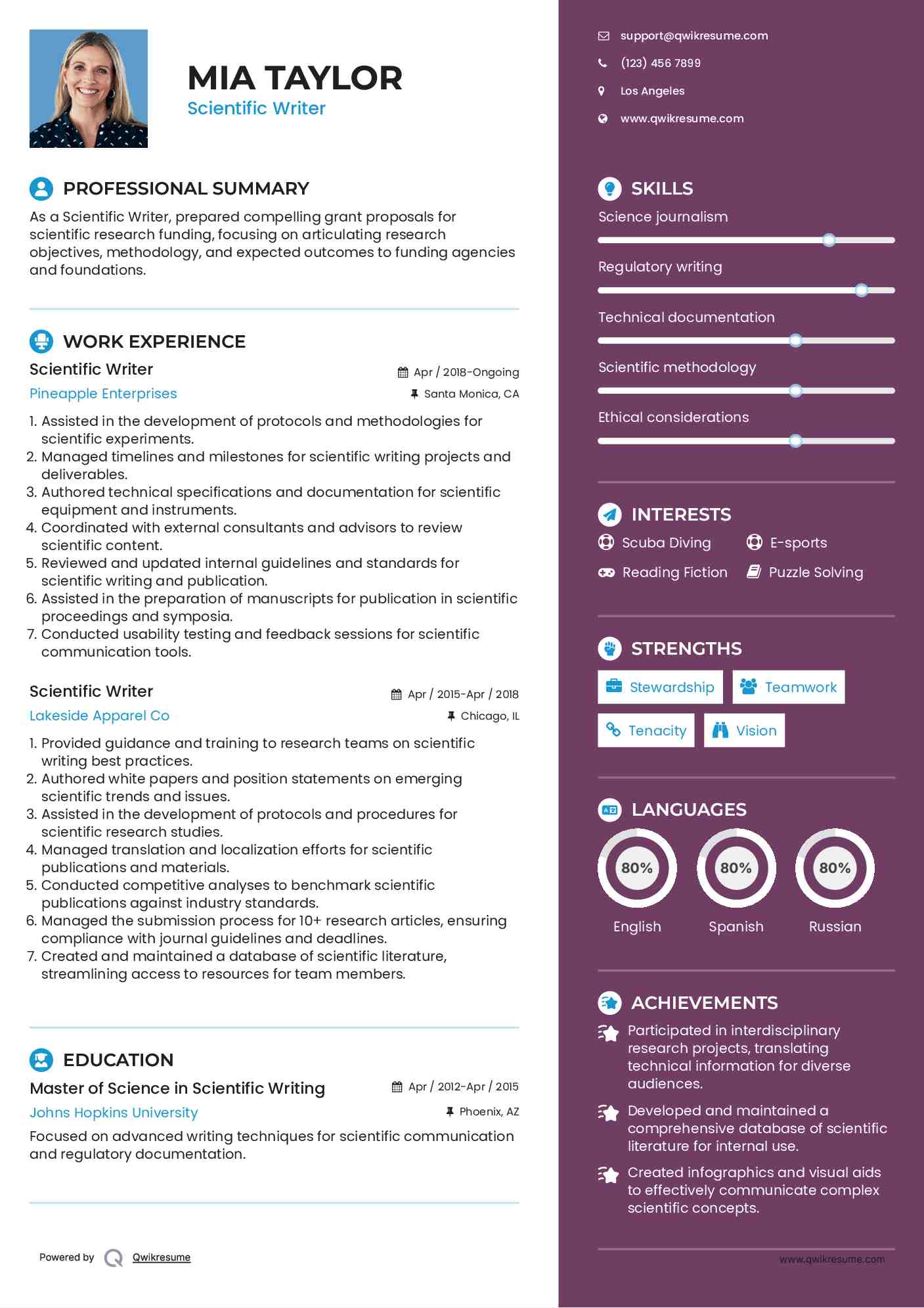 Scientific Writer Resume Format