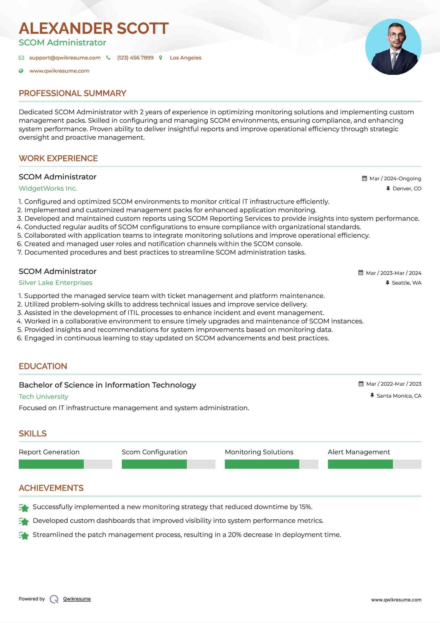 SCOM Administrator Resume Model