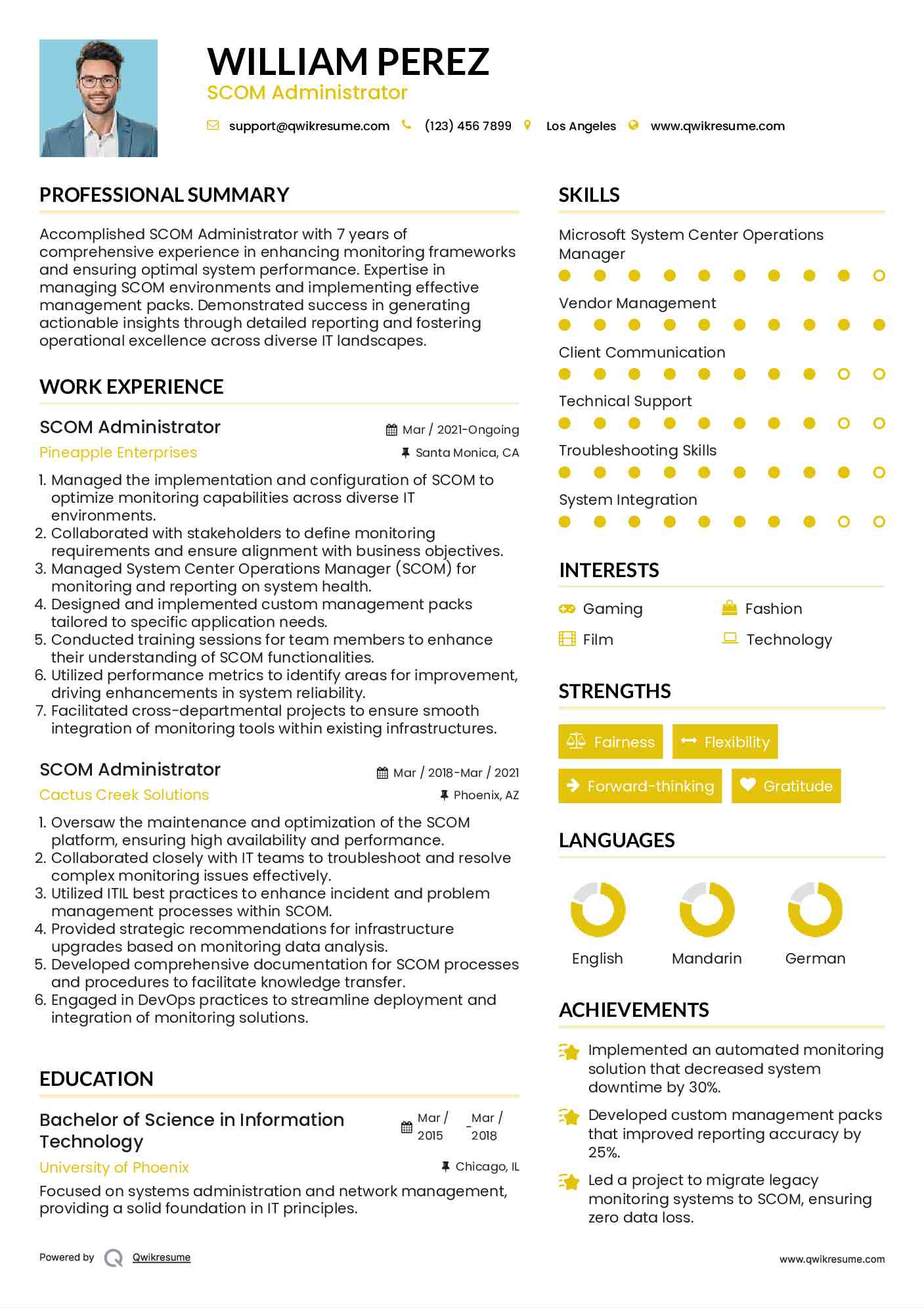 SCOM Administrator Resume Model