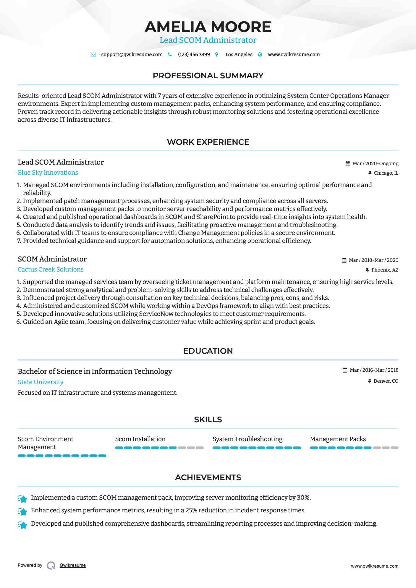 Lead SCOM Administrator Resume Model