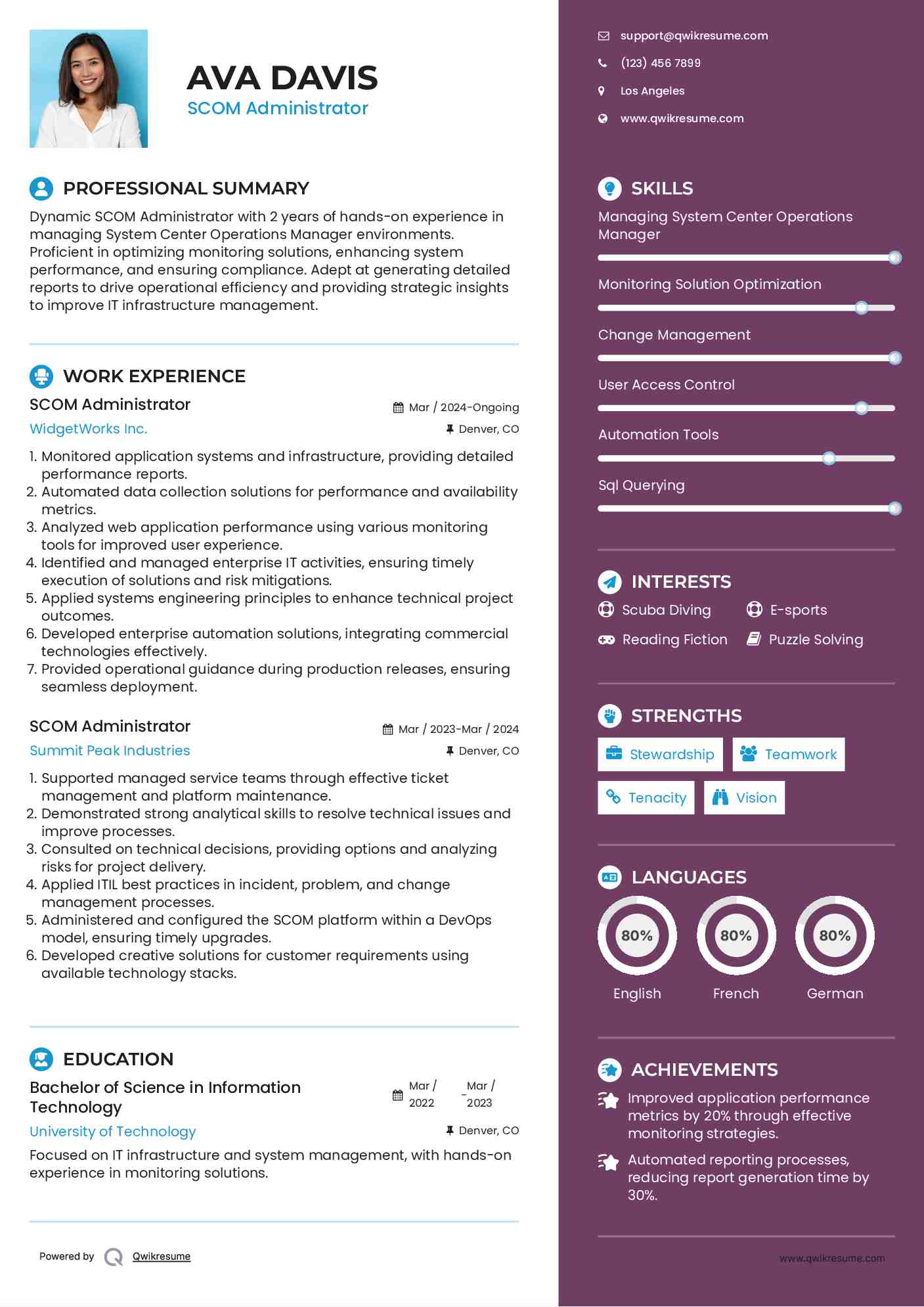 SCOM Administrator Resume Sample