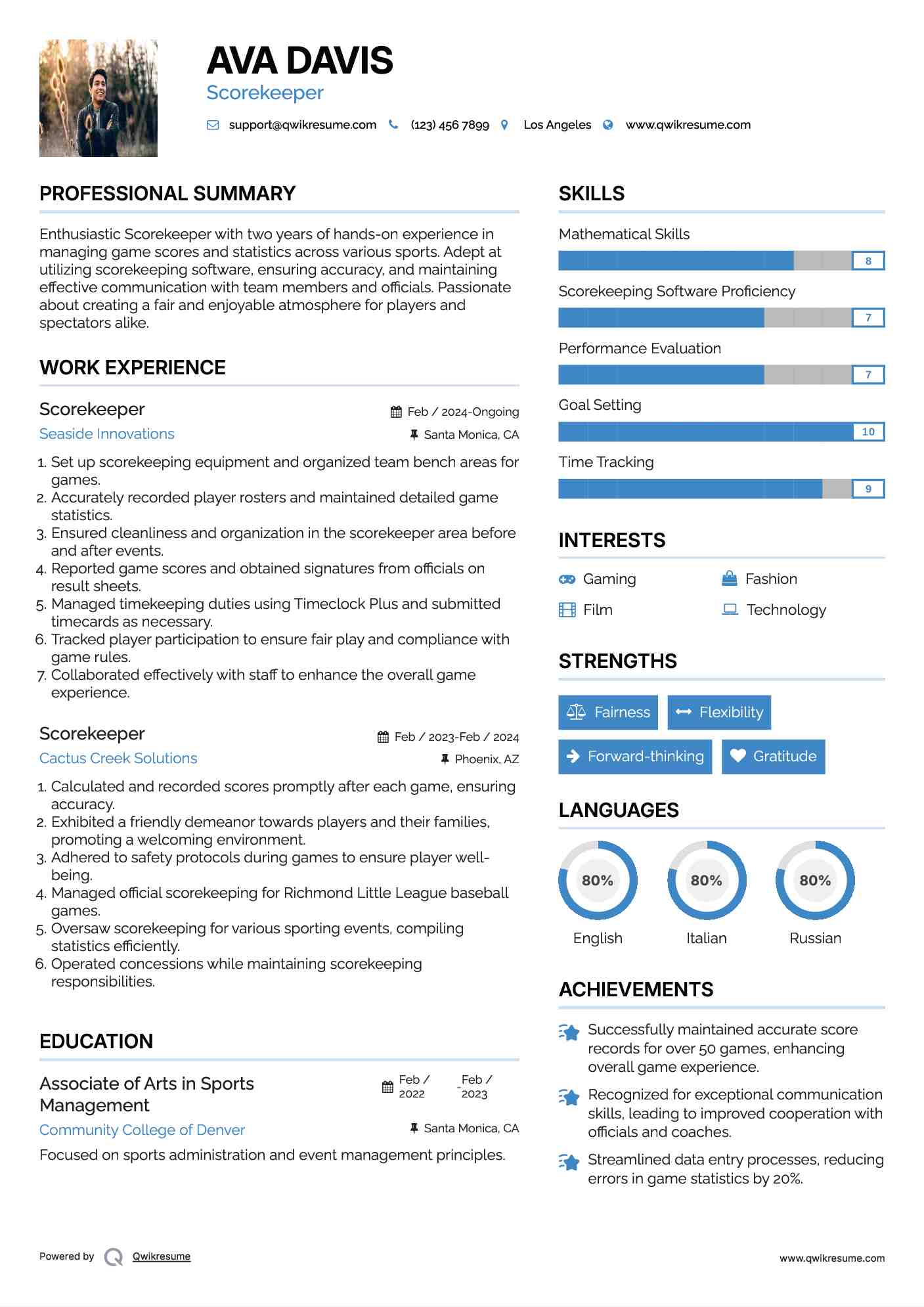 Scorekeeper Resume Sample