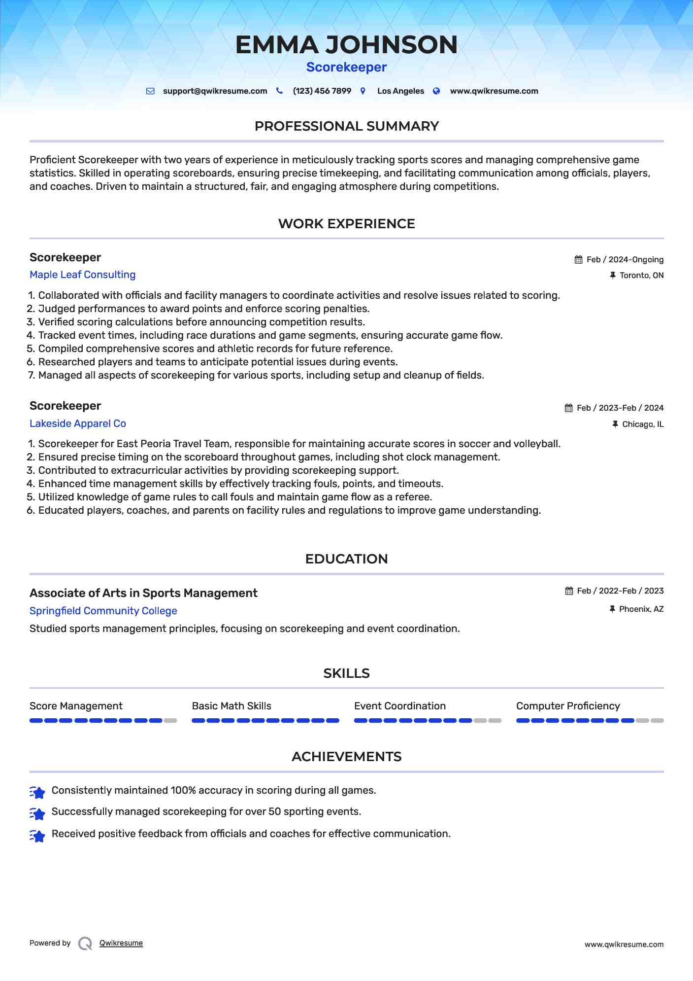Scorekeeper Resume Example