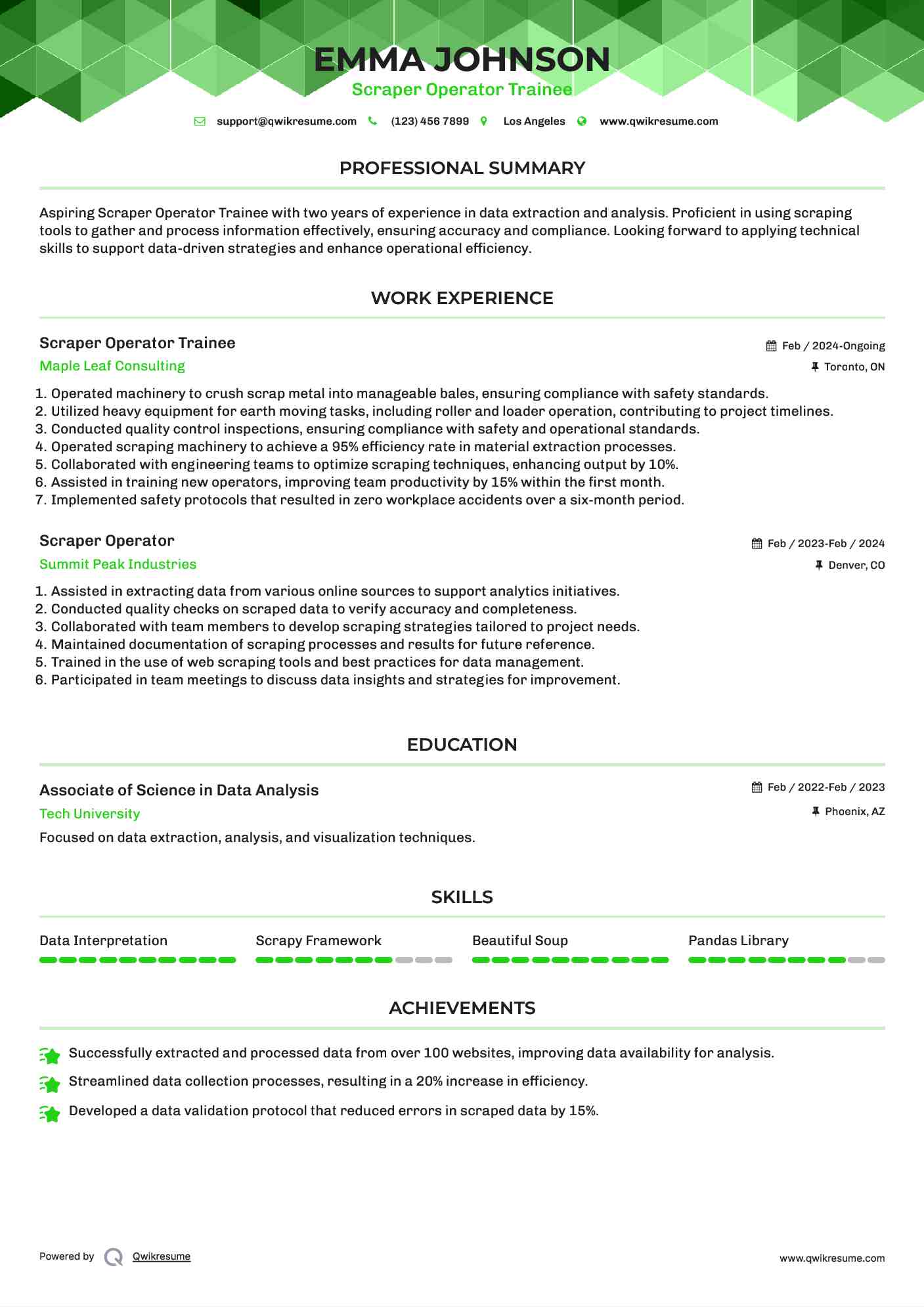 Scraper Operator Trainee Resume Sample