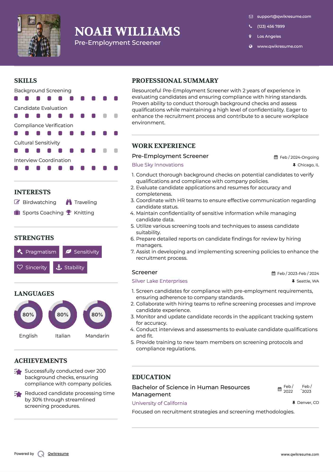 Pre-Employment Screener Resume Sample
